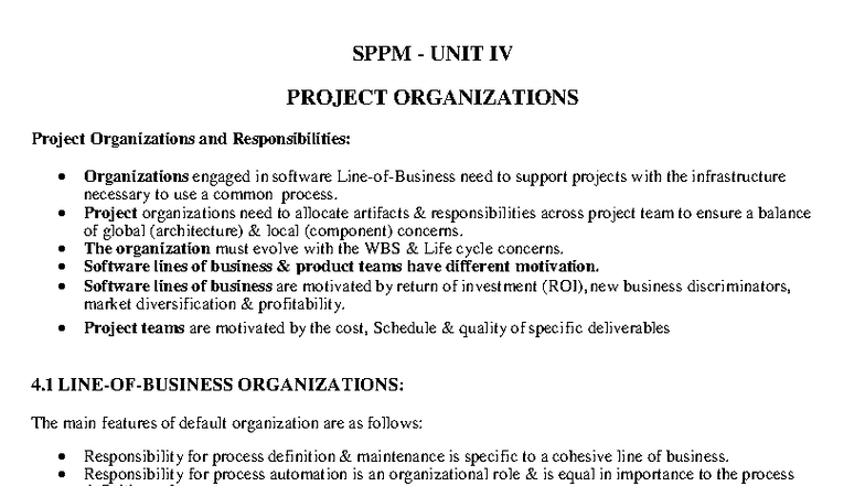 SPPM UNIT IV - Project Organizations and Responsibilities Overview ...