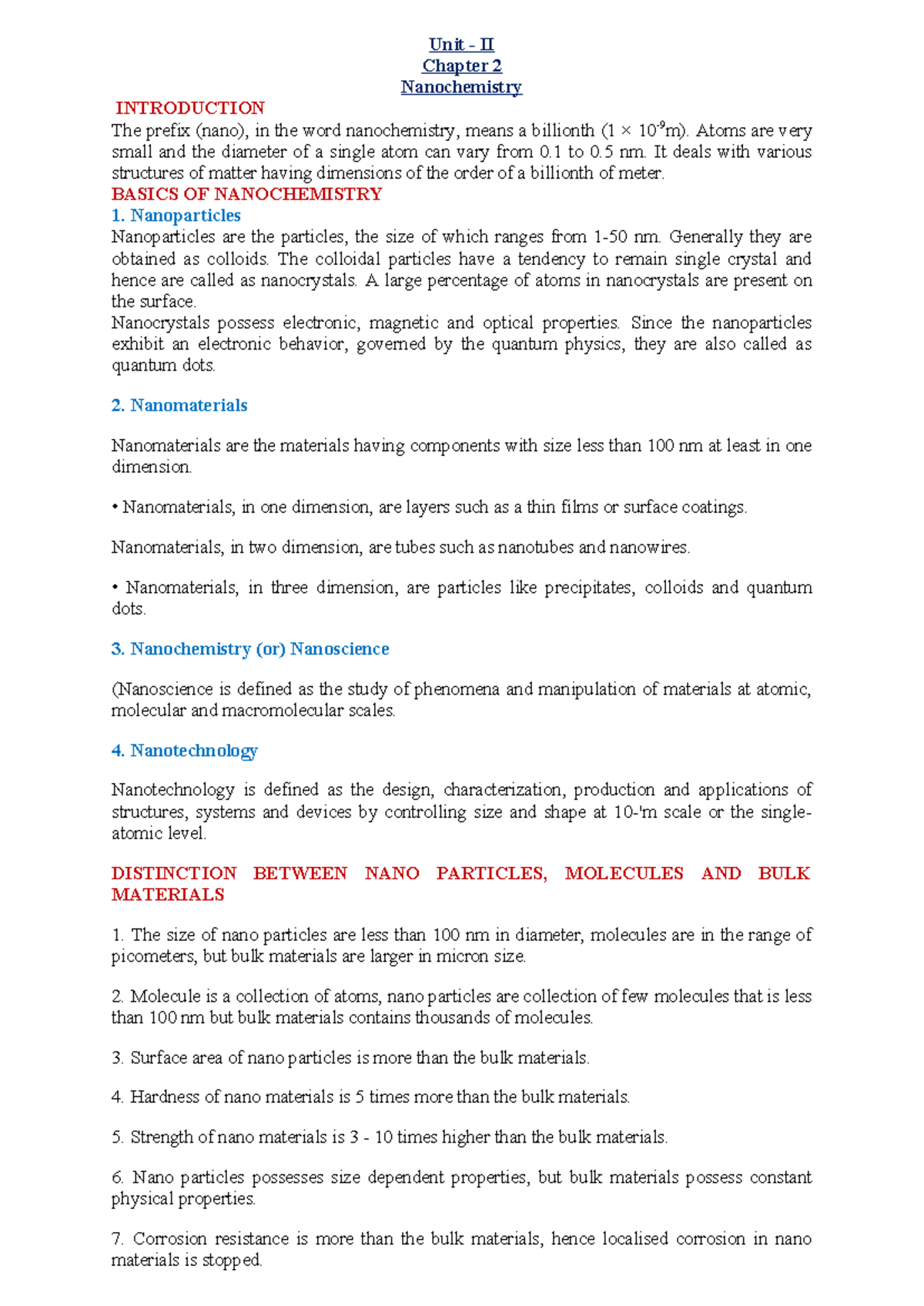 Unit II Chapter 2: Introduction to Nanochemistry and Nanomaterials ...