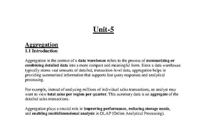 Unit 5: Aggregation and Historical Data in Data Warehousing - Studocu