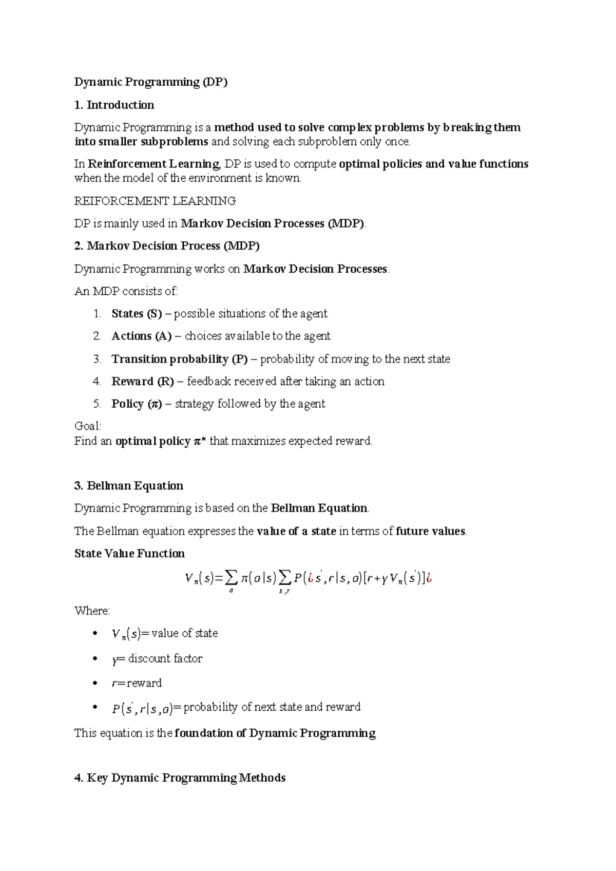 Dynamic Programming in Reinforcement Learning (DP) - Module 4 - Studocu