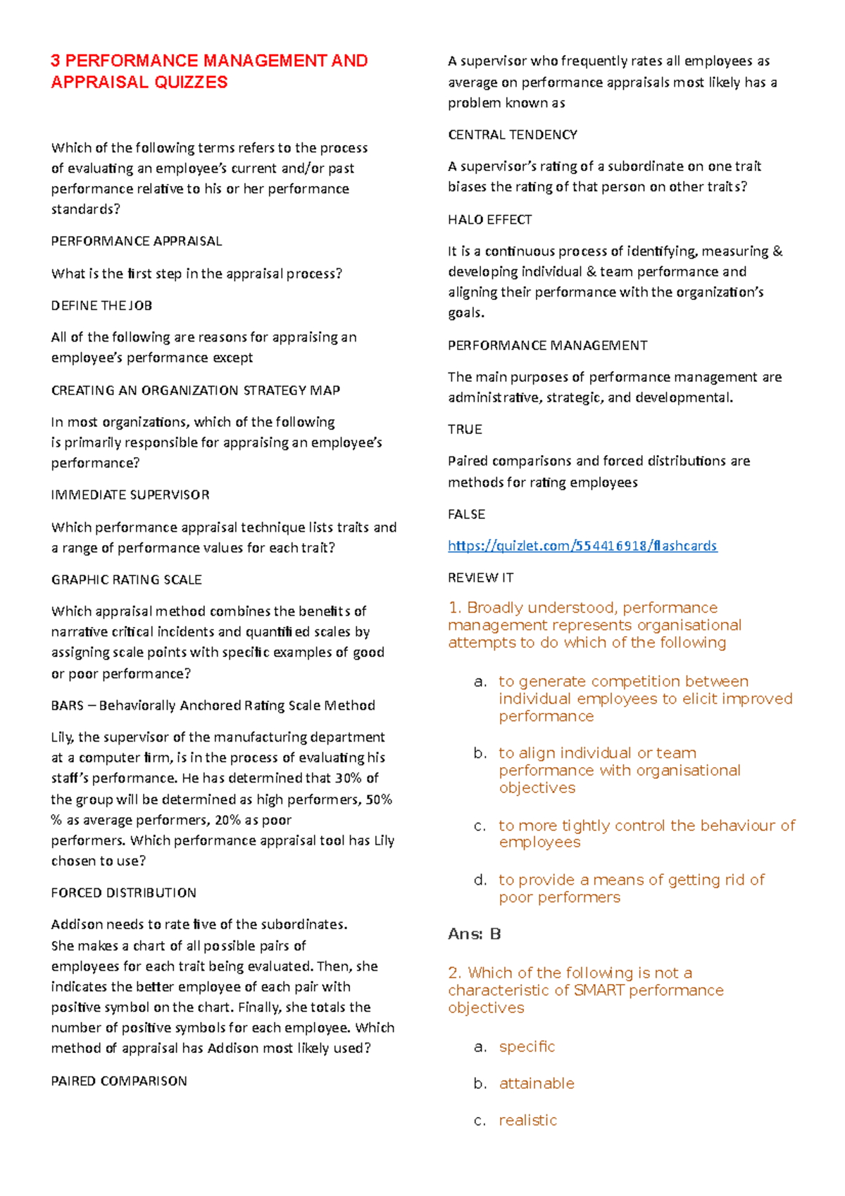 Performance Management & Appraisal Quizzes for HRM 101 - Studocu