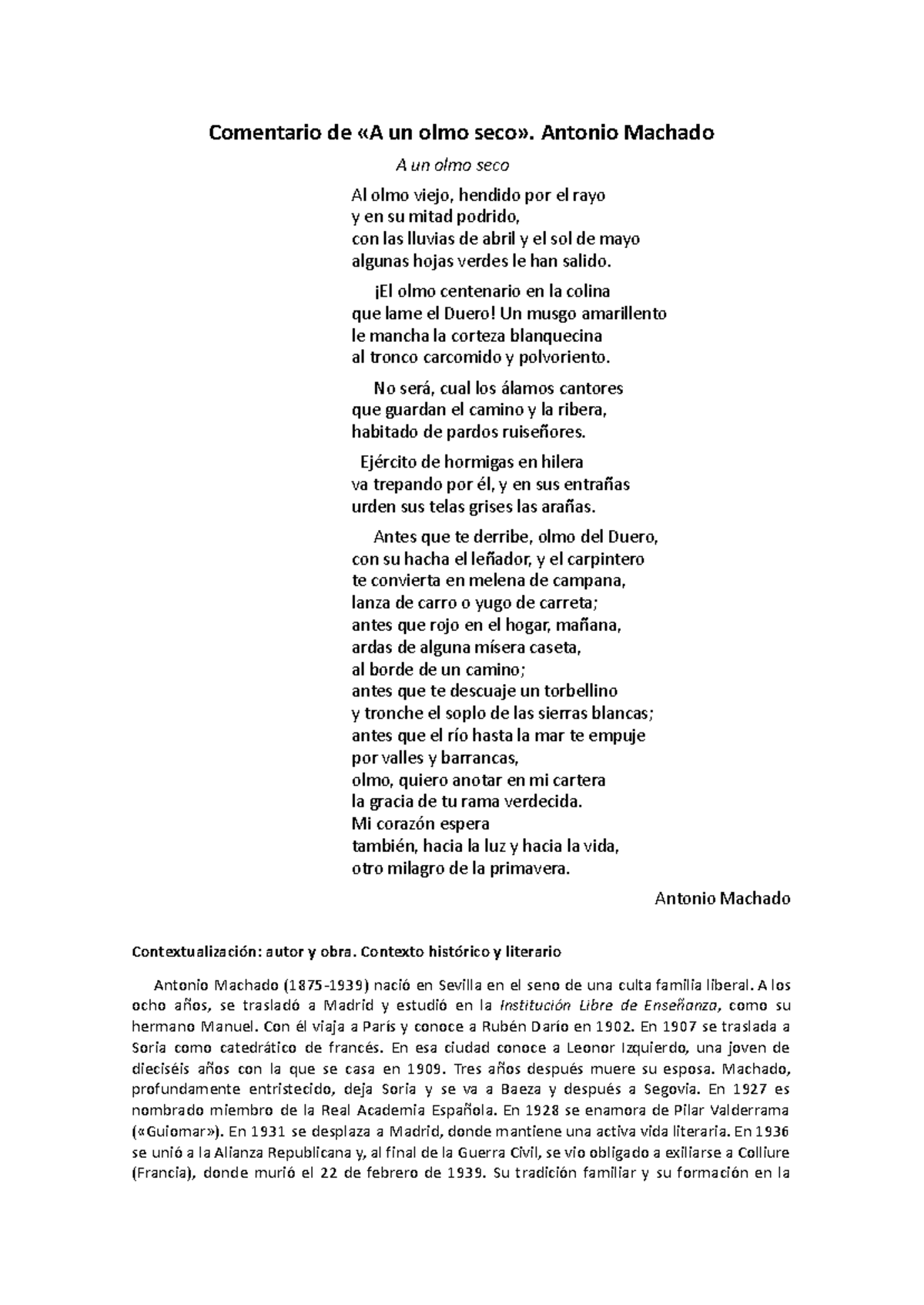 Comentario A un olmo seco Antonio Machado 21 22 - Comentario de «A un ...