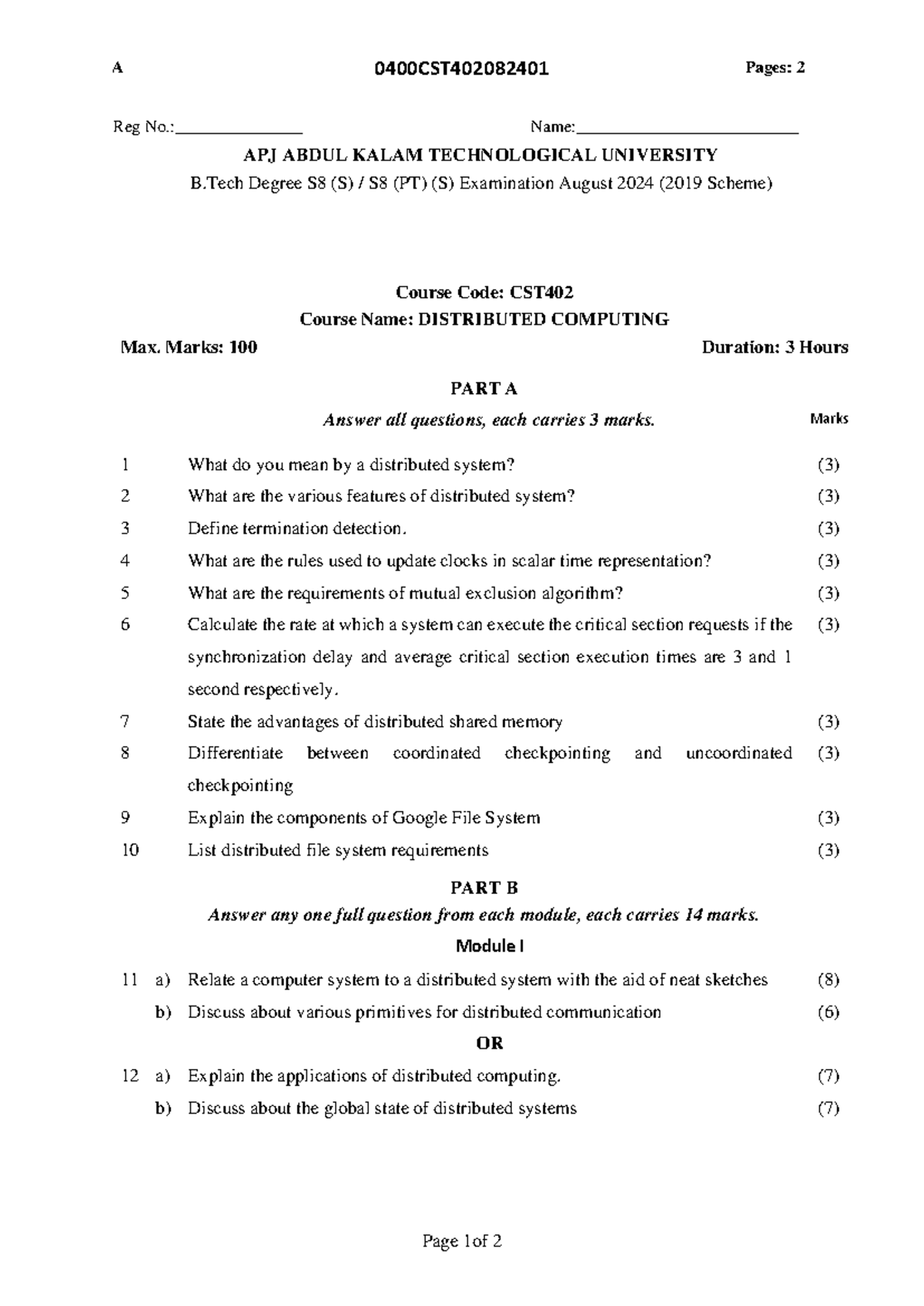 CST402 Distributed Computing Exam Paper - August 2024 - Studocu