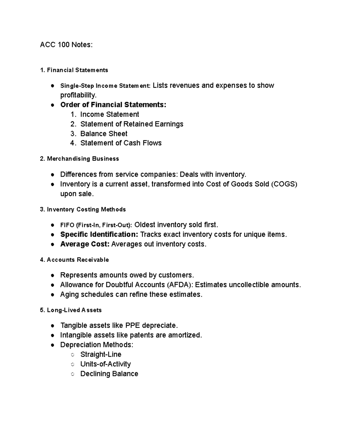 ACC 100 Final Exam Notes: Financial Statements & Key Accounting ...