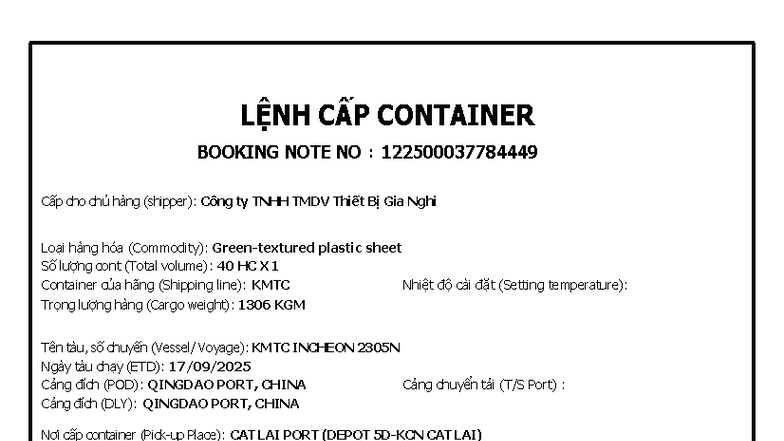 BKG VN00839568 1X40HC Kwangyang 17 06 KMTC SH - LỆNH CẤP CONTAINER ...