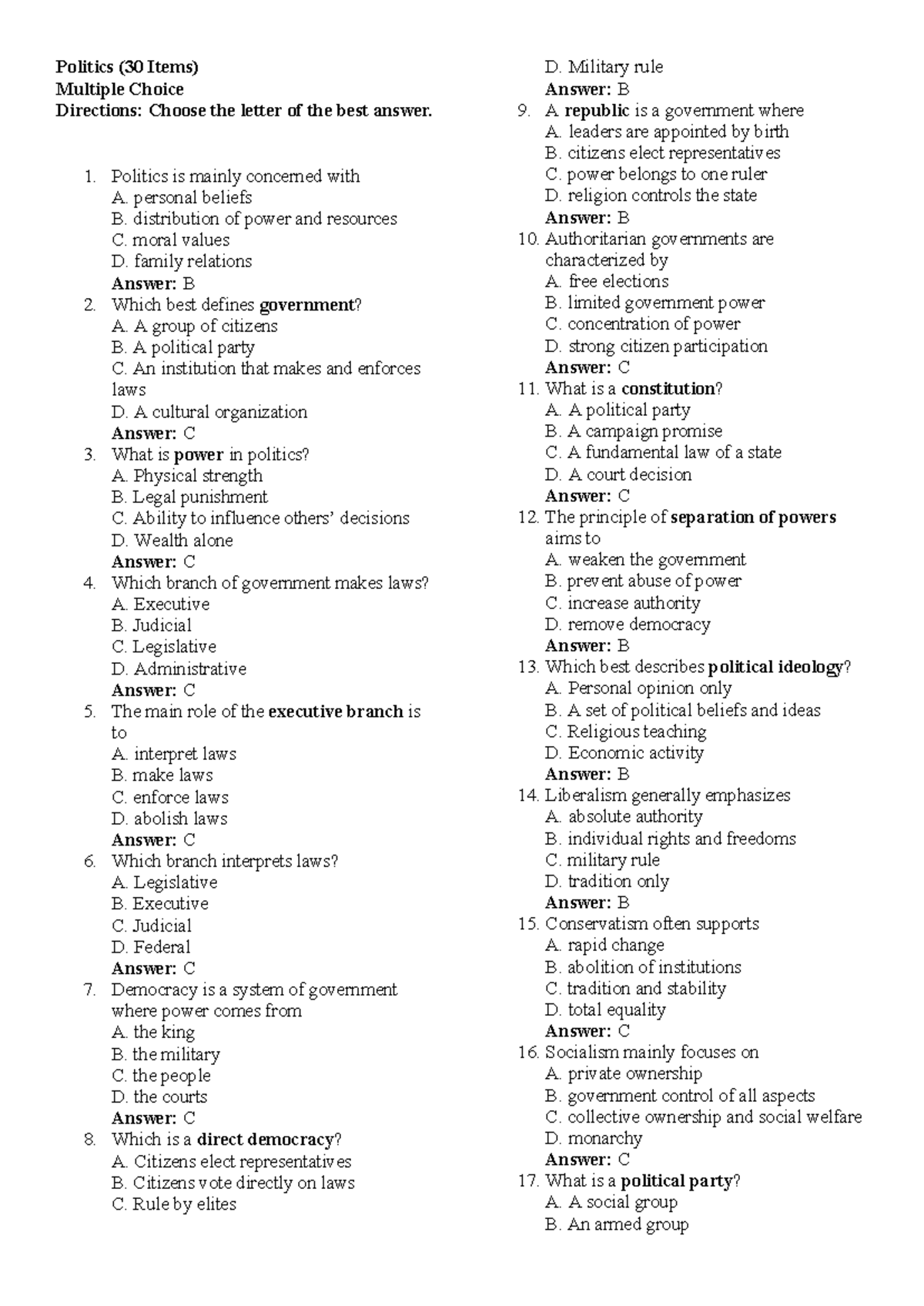 Politics (30 Items) Long Quiz: Multiple Choice Questions - Studocu