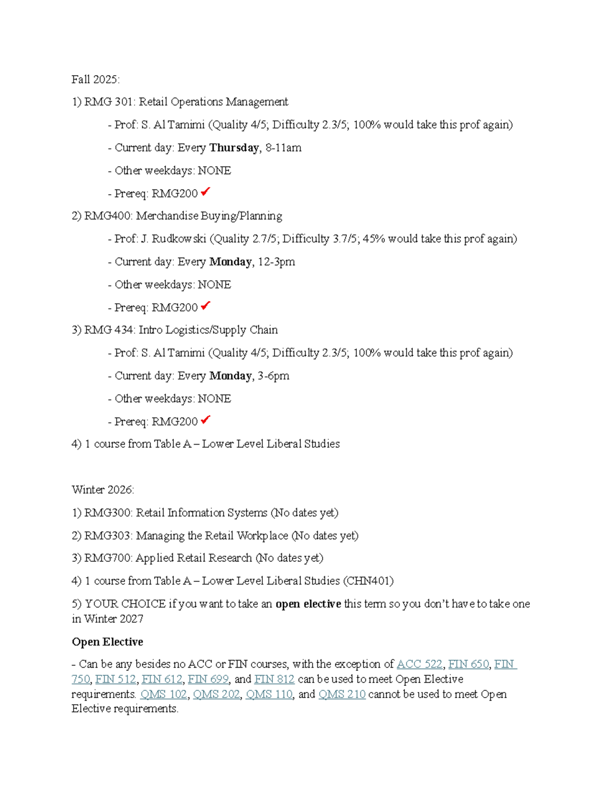RMG Course Schedule: Fall 2025 & Winter 2026 Overview - Studocu