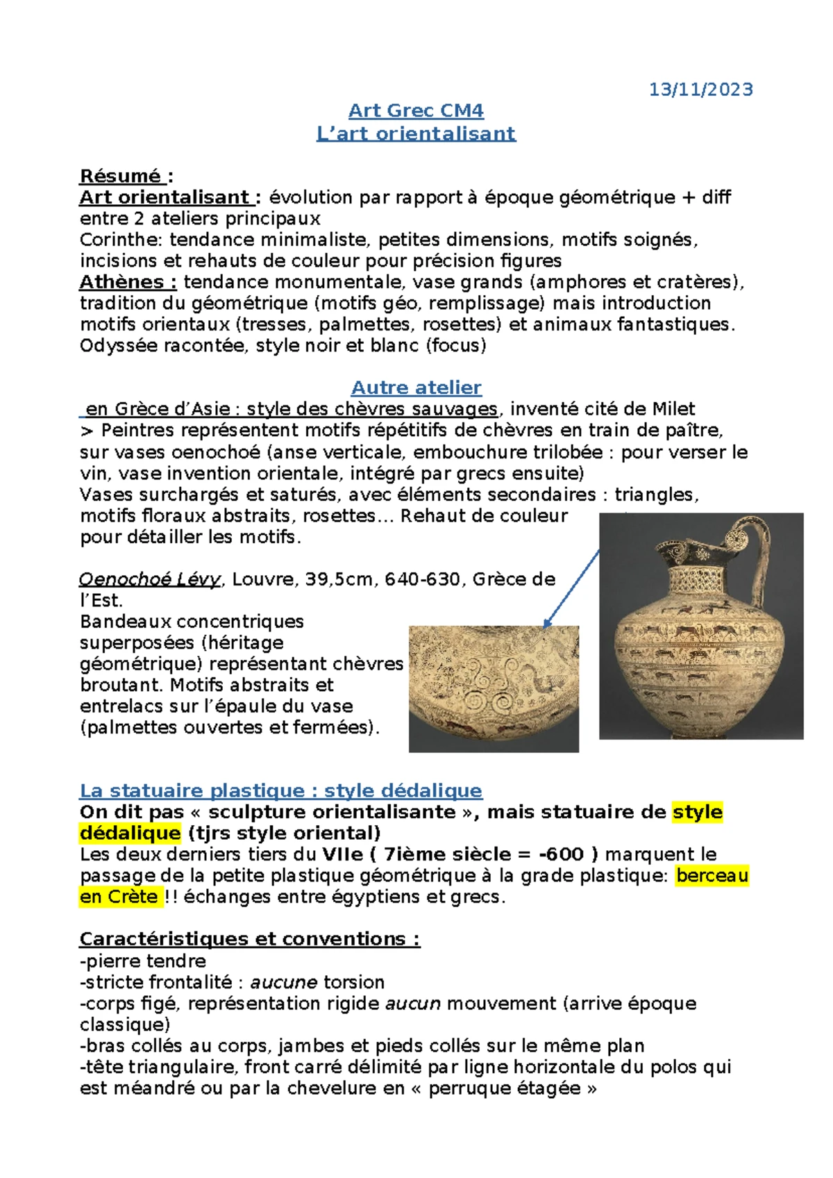 ART GREC CM1 - Notes de Cours sur l'Art Ancien et Géométrique - Studocu