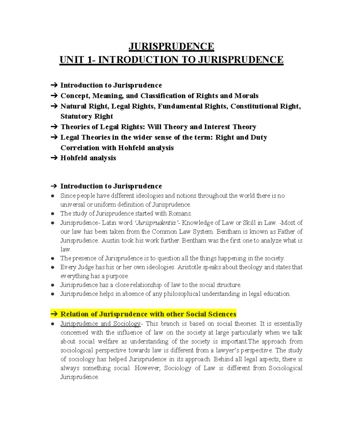 Jurisprudence Lecture Notes: Introduction, Rights, and Legal Theories ...