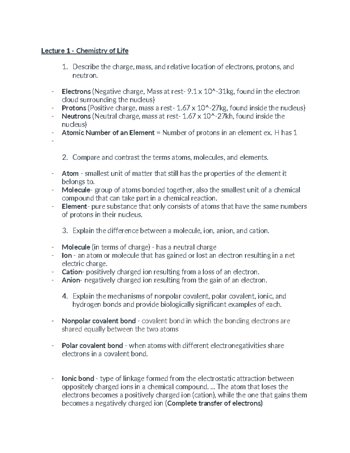 Biology 161 Exam 1 Study Guide: Key Concepts and Review - Studocu