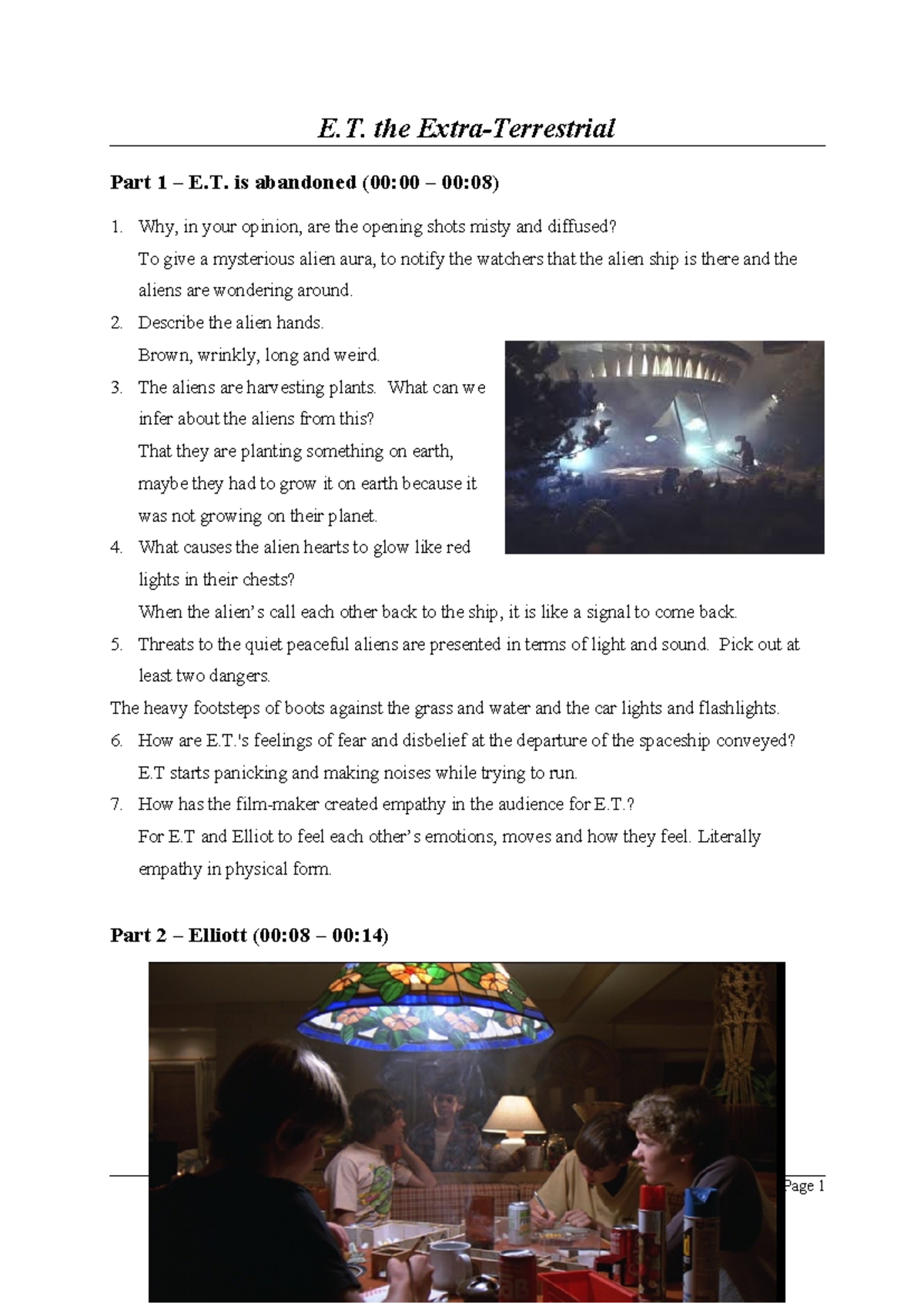 E.T. the Extra-Terrestrial Viewing Questions - Student Copy (Part 1-10 ...