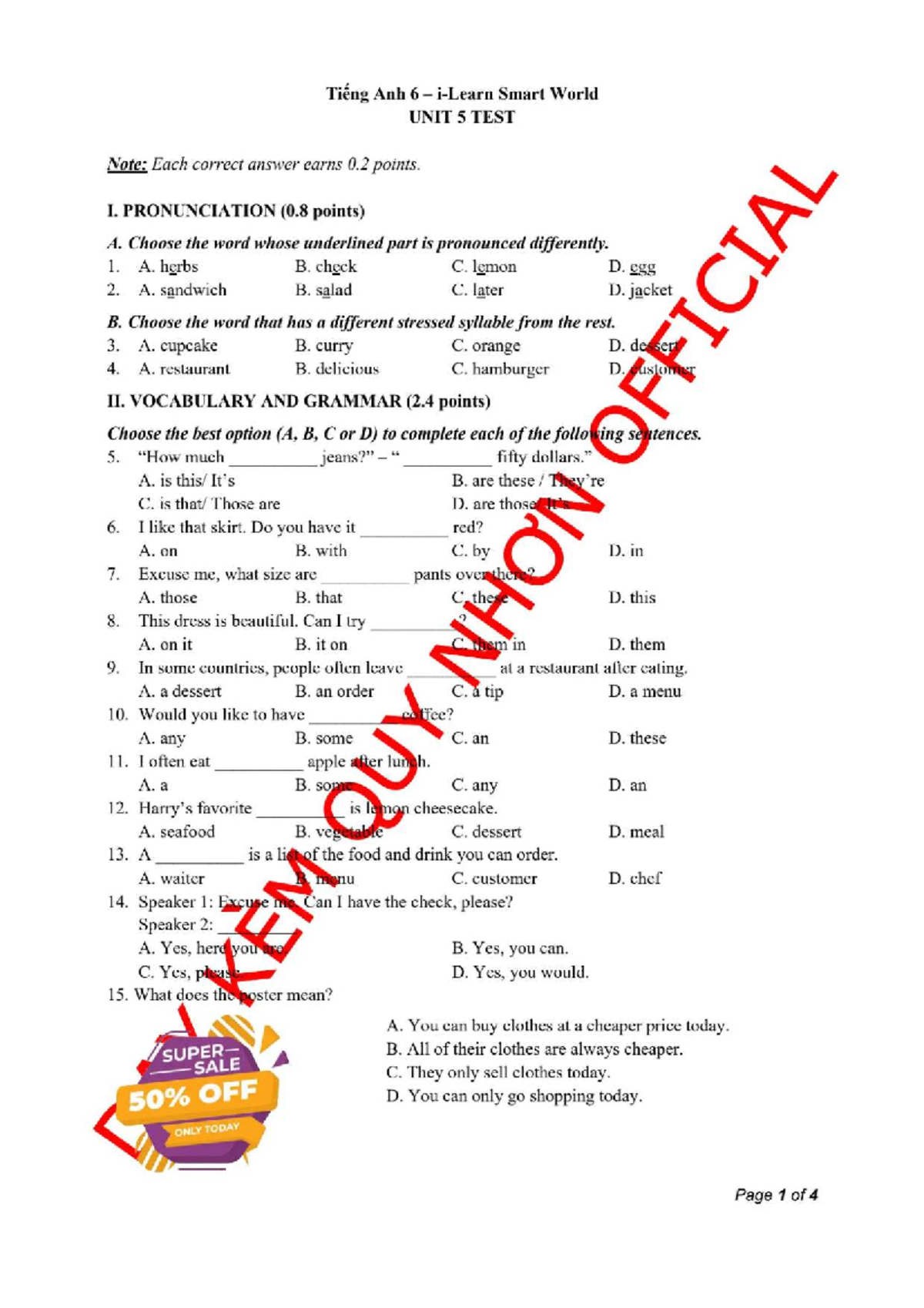 TIẾNG ANH 6 SMART WORLD UNIT 5 TEST WITH ANSWERS - Studocu