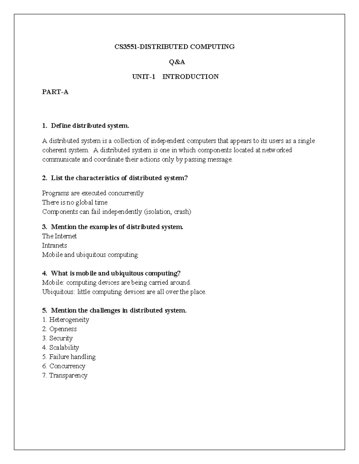 CS3551-DC Q&A: Key Concepts in Distributed Computing - Studocu