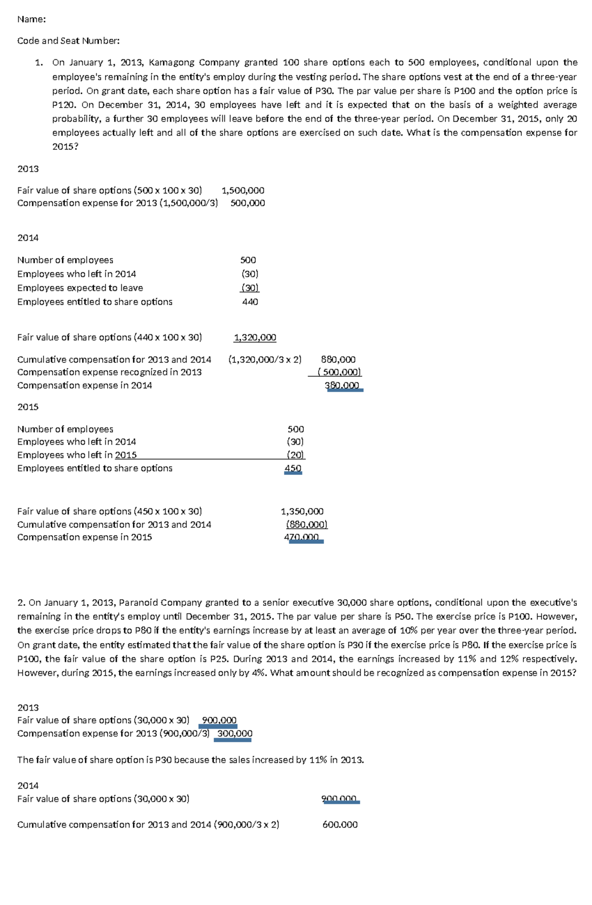 Quiz #3: Compensation Expense Calculation for Share Options - Studocu