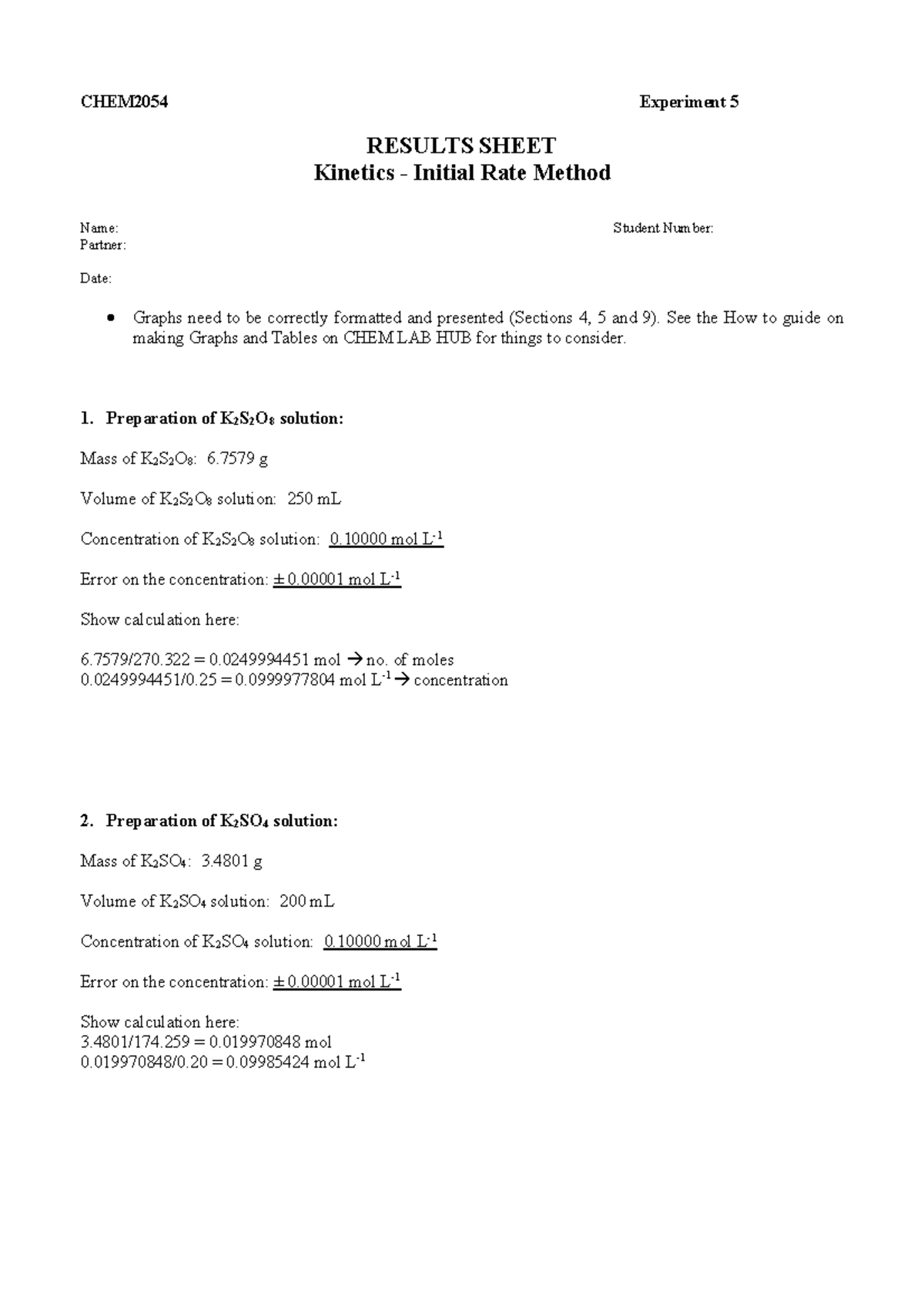 CHEM2054 Experiment 5 Results: Kinetics Initial Rate Method - Studocu