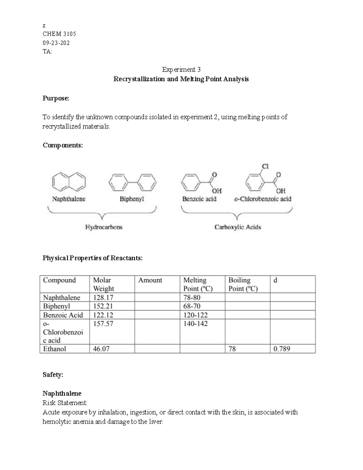 CHEM 3105 Lab 3 Report: Recrystallization & Melting Point Analysis ...