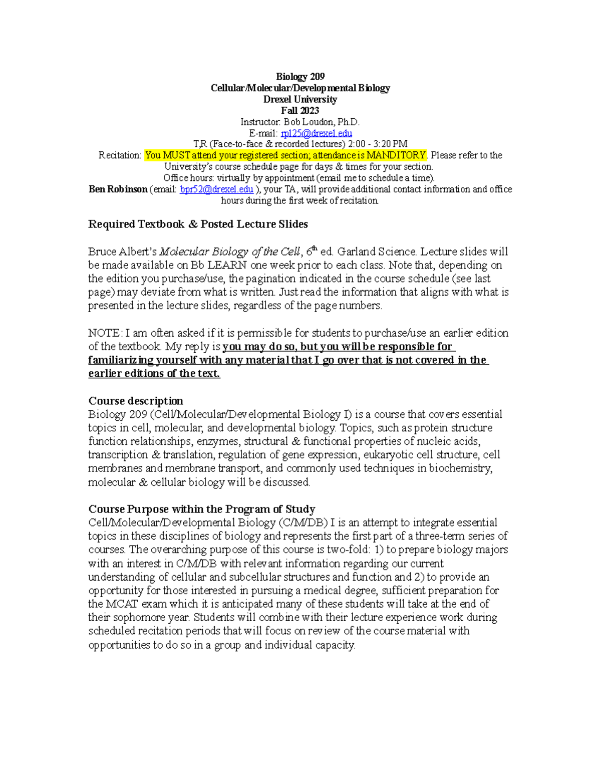 Biology 209 Fall 2023 Syllabus: Cellular & Molecular Biology I - Studocu
