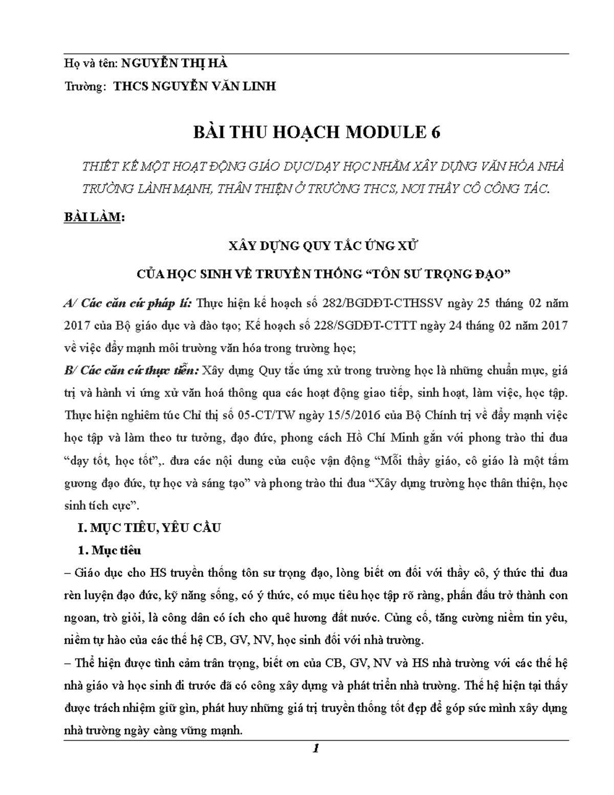 BÀI THU HOẠCH MODULE 6 - XÂY DỰNG VĂN HÓA NHÀ TRƯỜNG THÂN THIỆN - Studocu