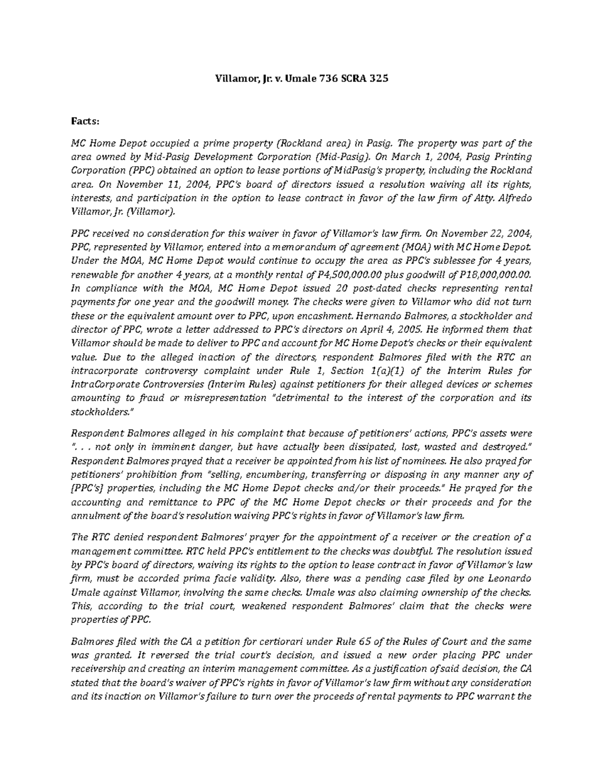 Villamor v. Umale: Examining Intra-Corporate Controversy and Derivative ...