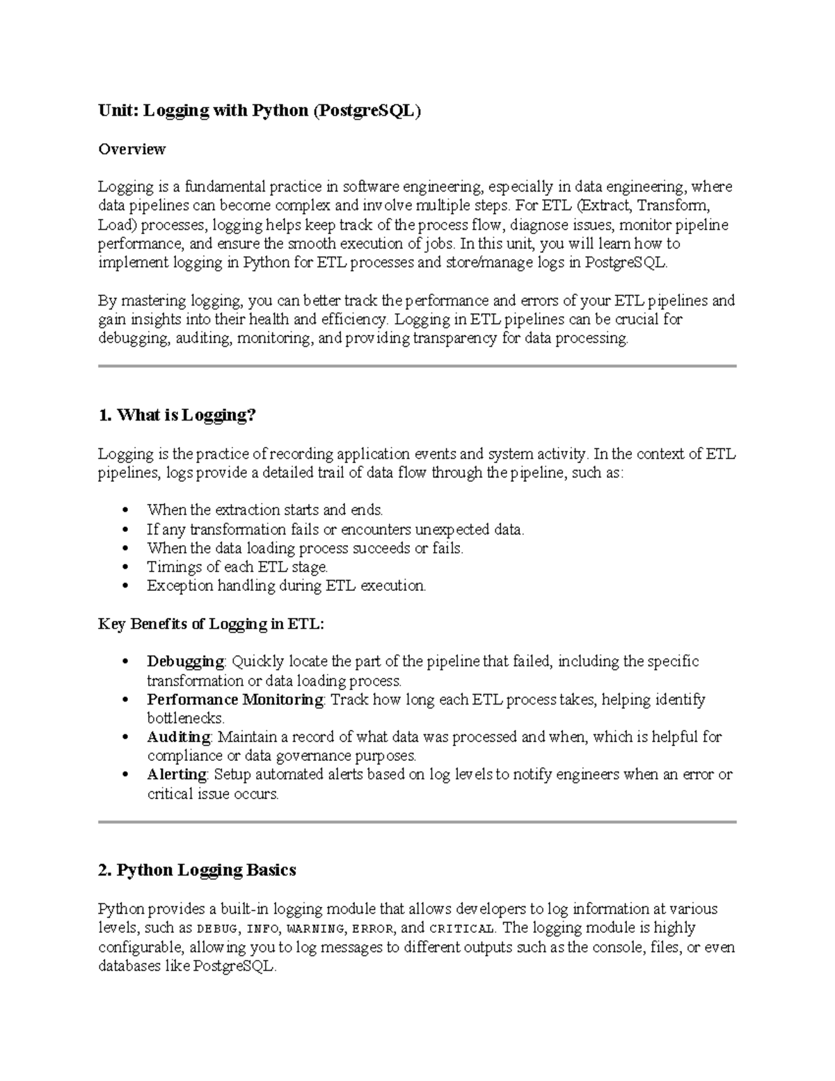 Unit: Logging in Python for ETL Processes (PostgreSQL) - Studocu