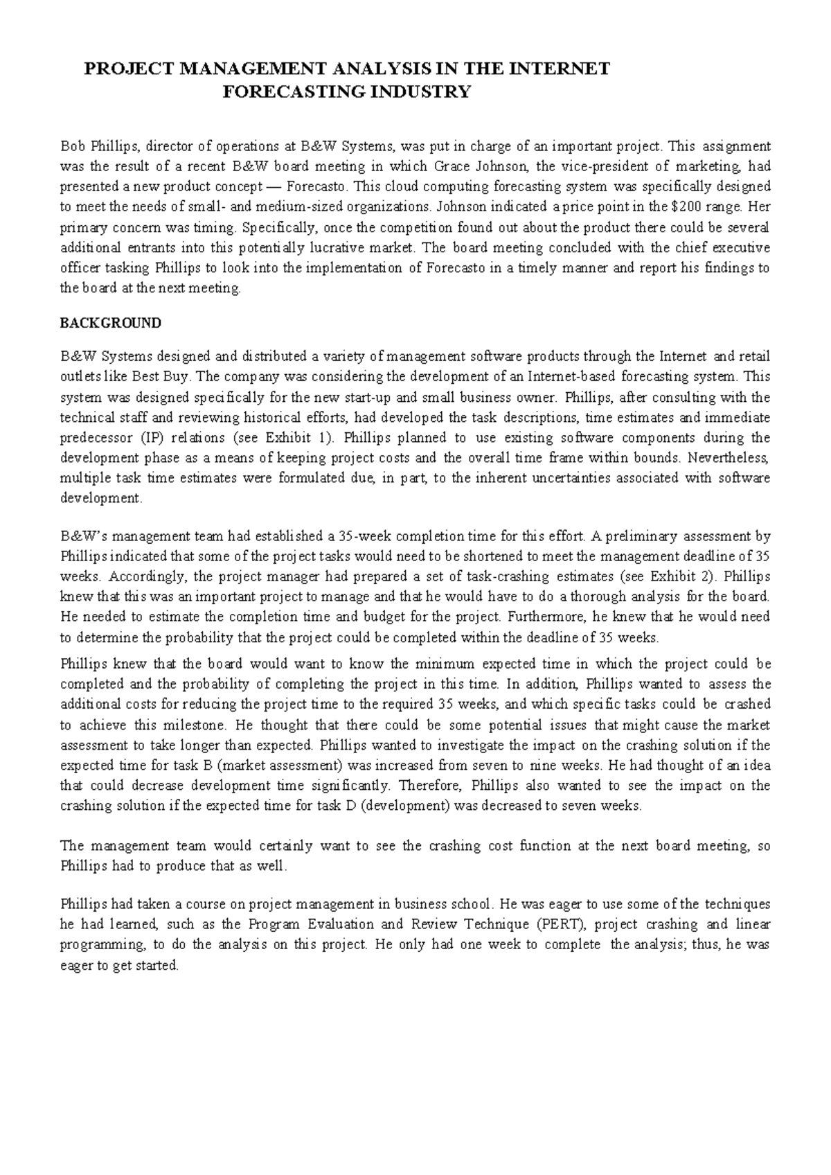 AOR Project - PROJECT MANAGEMENT ANALYSIS IN THE INTERNET FORECASTING ...