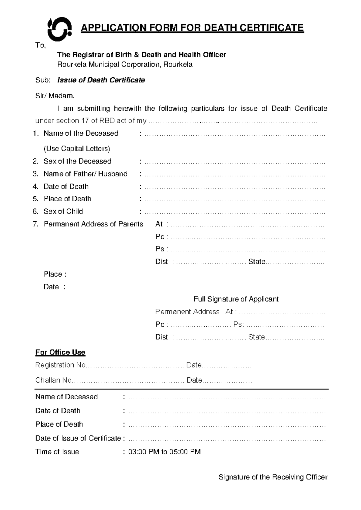 APPLICATION FORM FOR DEATH CERTIFICATE - ROURKELA MUNICIPAL CORP. - Studocu
