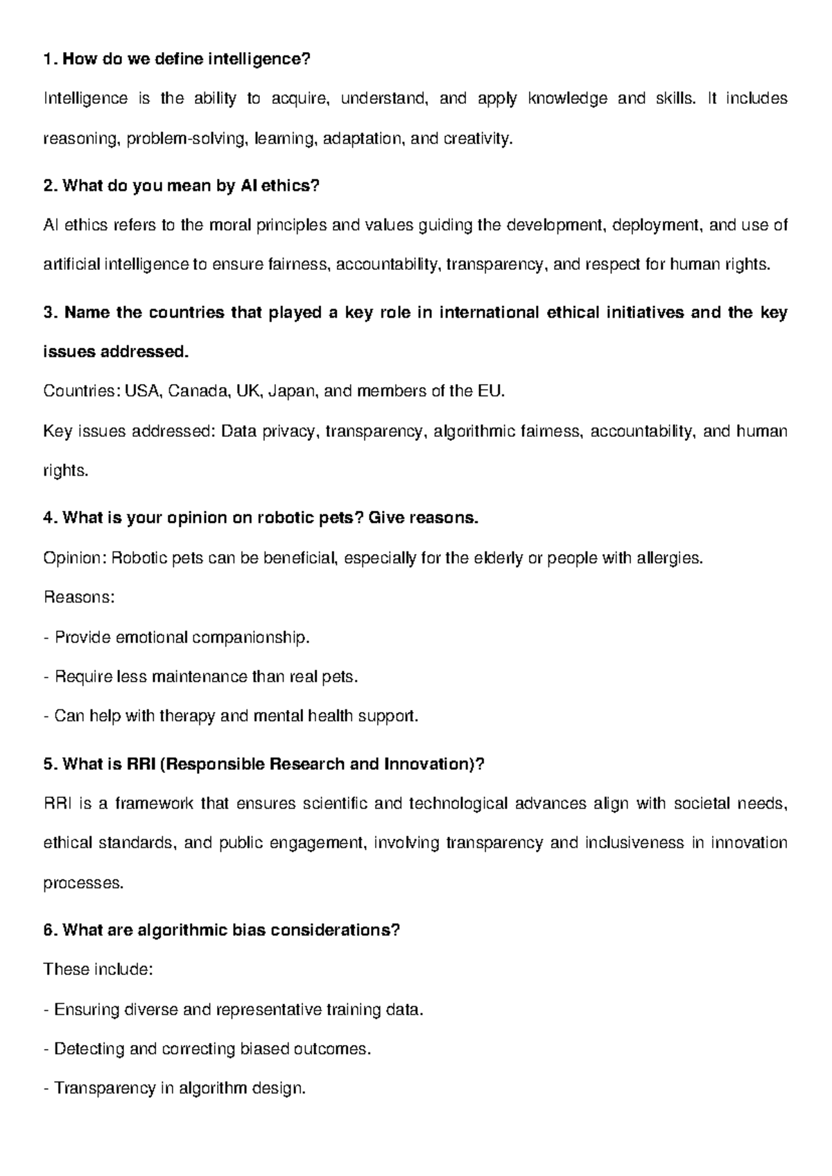 AI Ethics QA - Notes on Intelligence, RRI, and Roboethics - Studocu