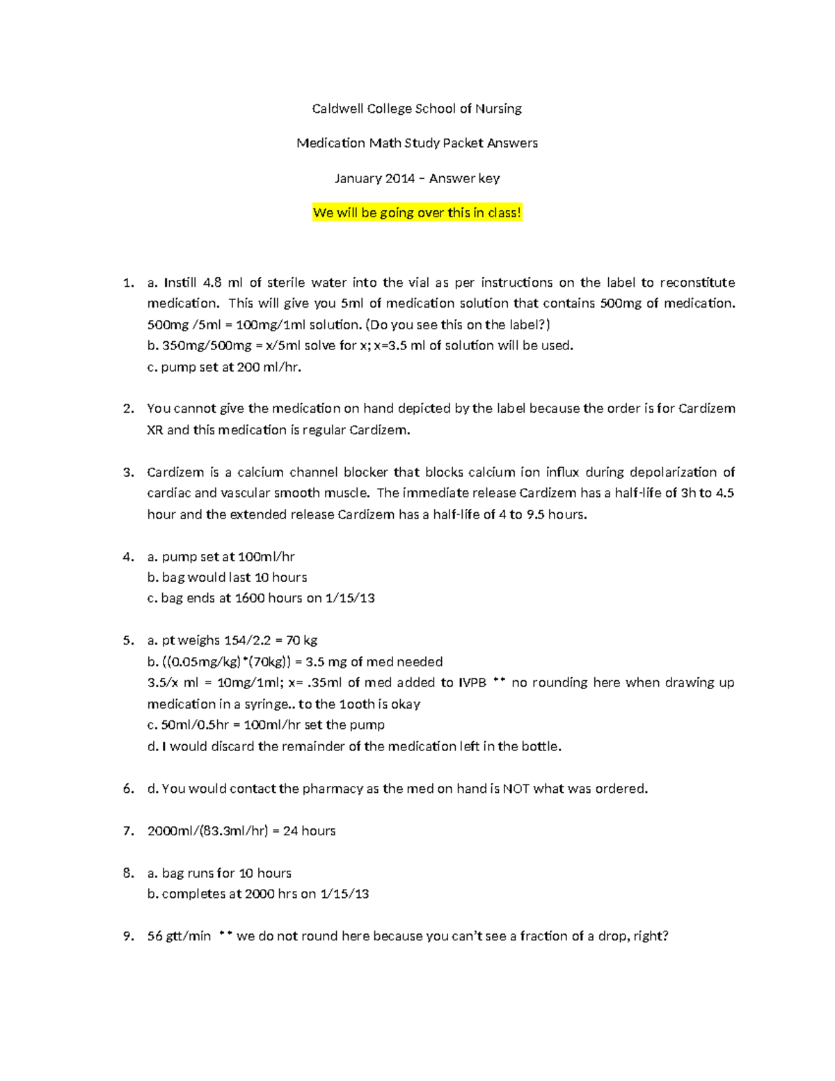 Caldwell College Nursing Med Math Study Packet Answer Key - Studocu