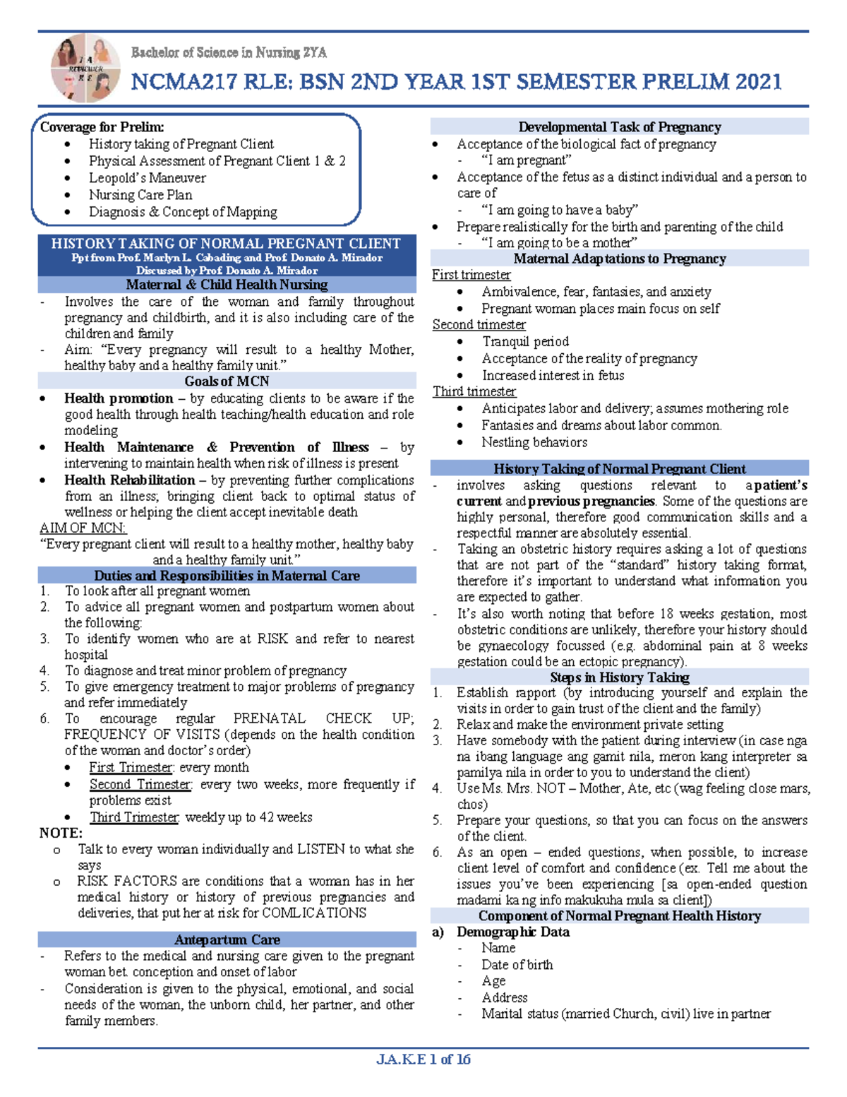 NCMA217 RLE: BSN 2ND YEAR 1ST SEMESTER PRELIM 2021 Maternal Care ...