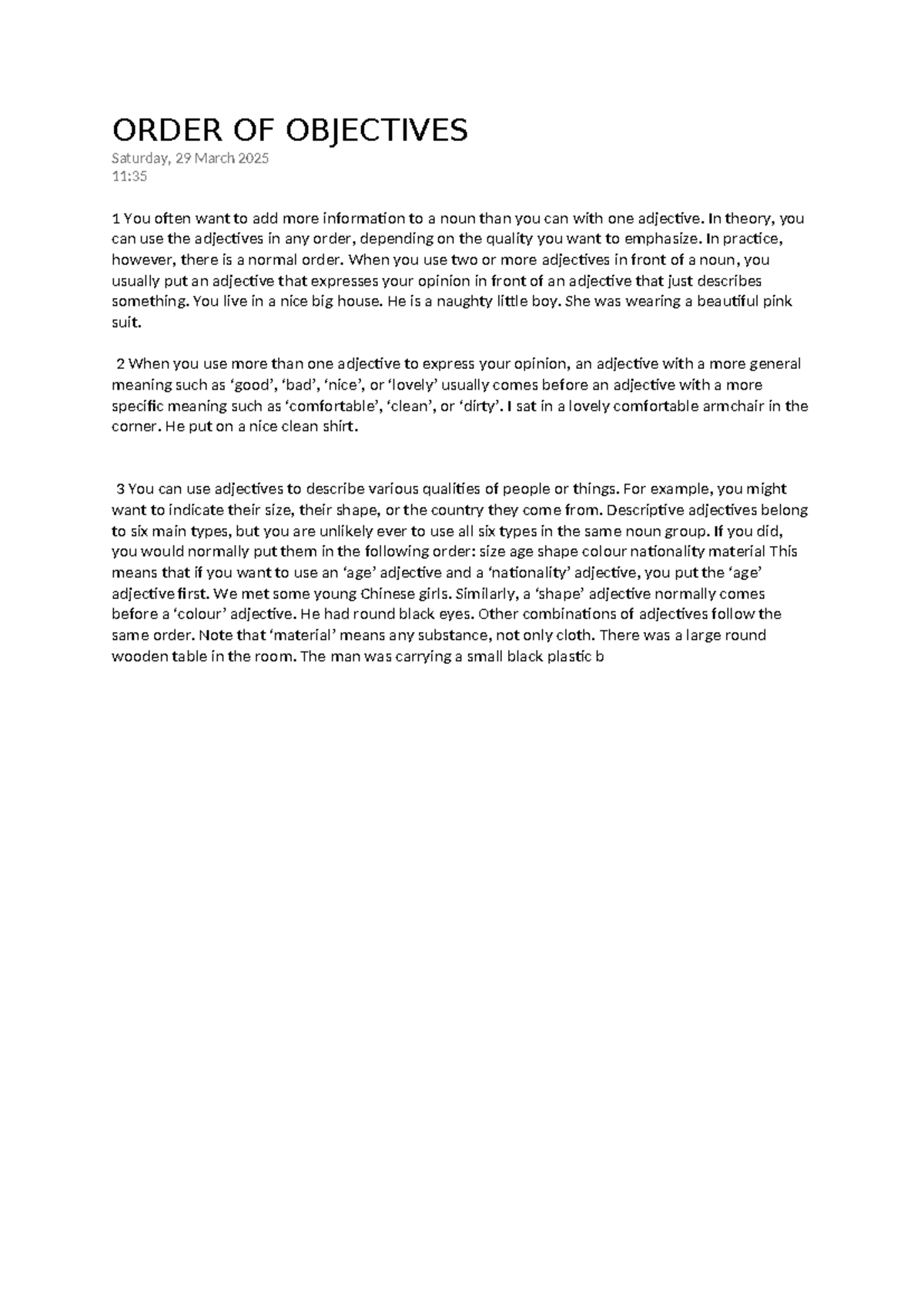 Order of Objectives: Rules for Adjective Use and Their Order - Studocu