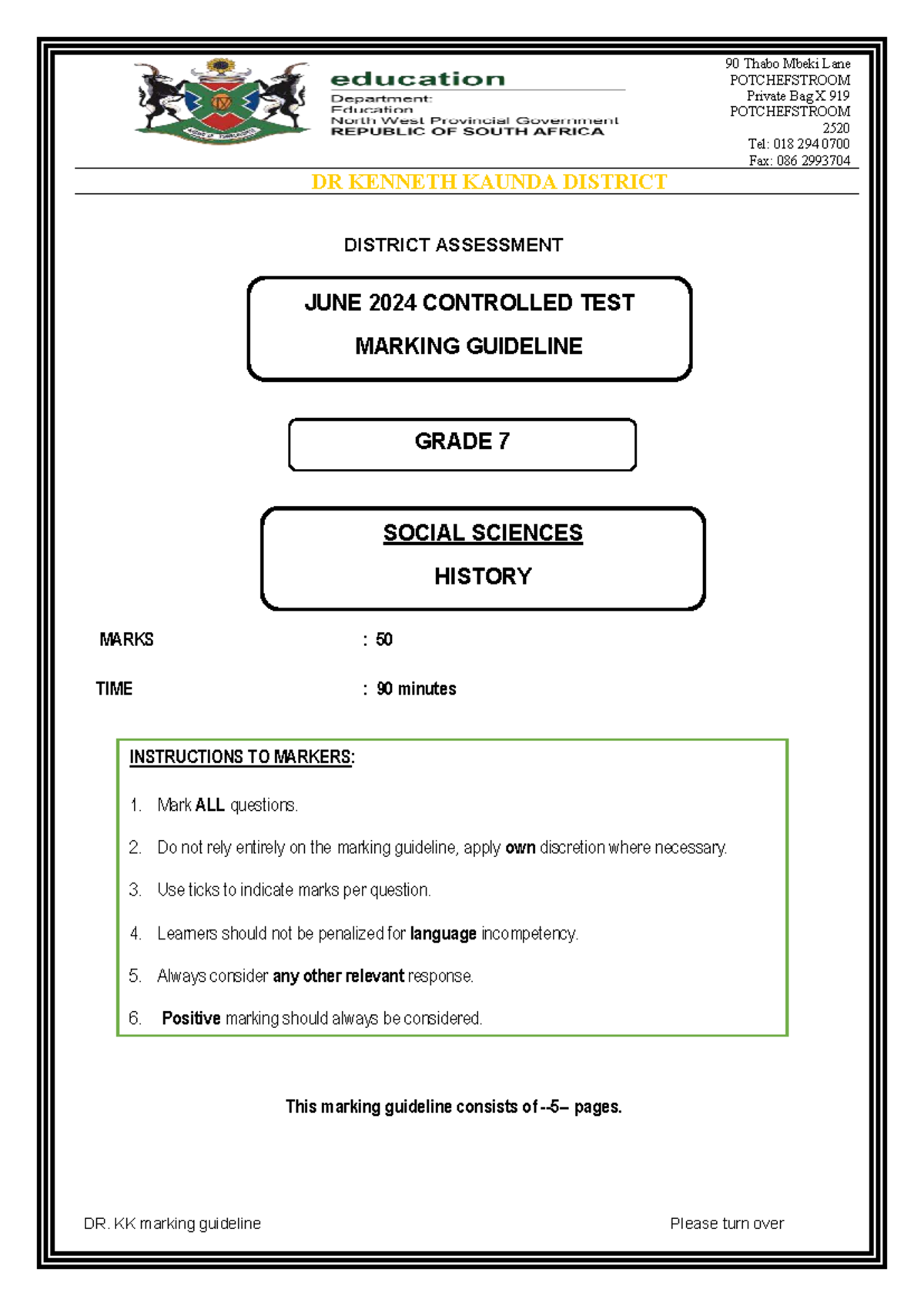 GR 7 SS History Controlled Test Marking Guideline - June 2024 - Studocu