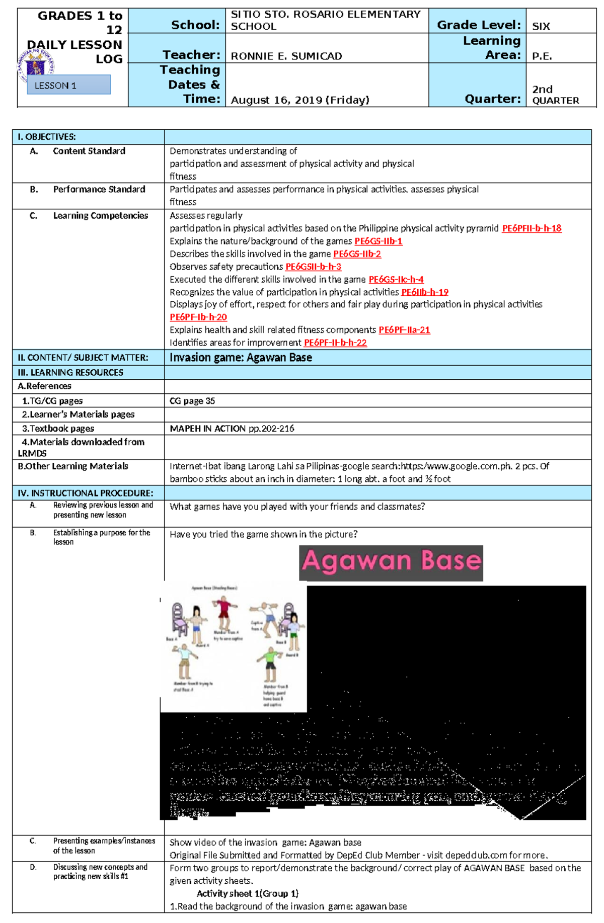 423336190 DLP PE 6 Q2 Daily Lesson Log for Agawan Base Game - Studocu