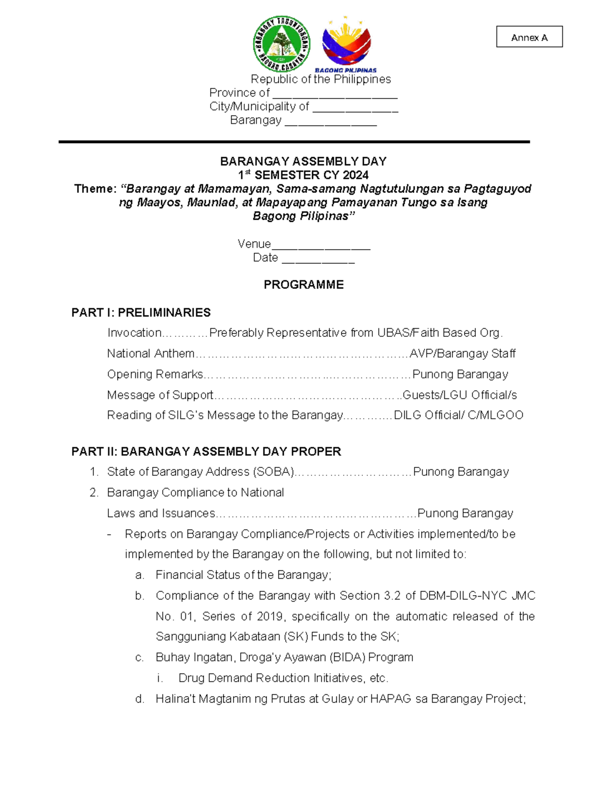 Barangay Assembly Day Program - 1st Semester CY 2024 - Studocu