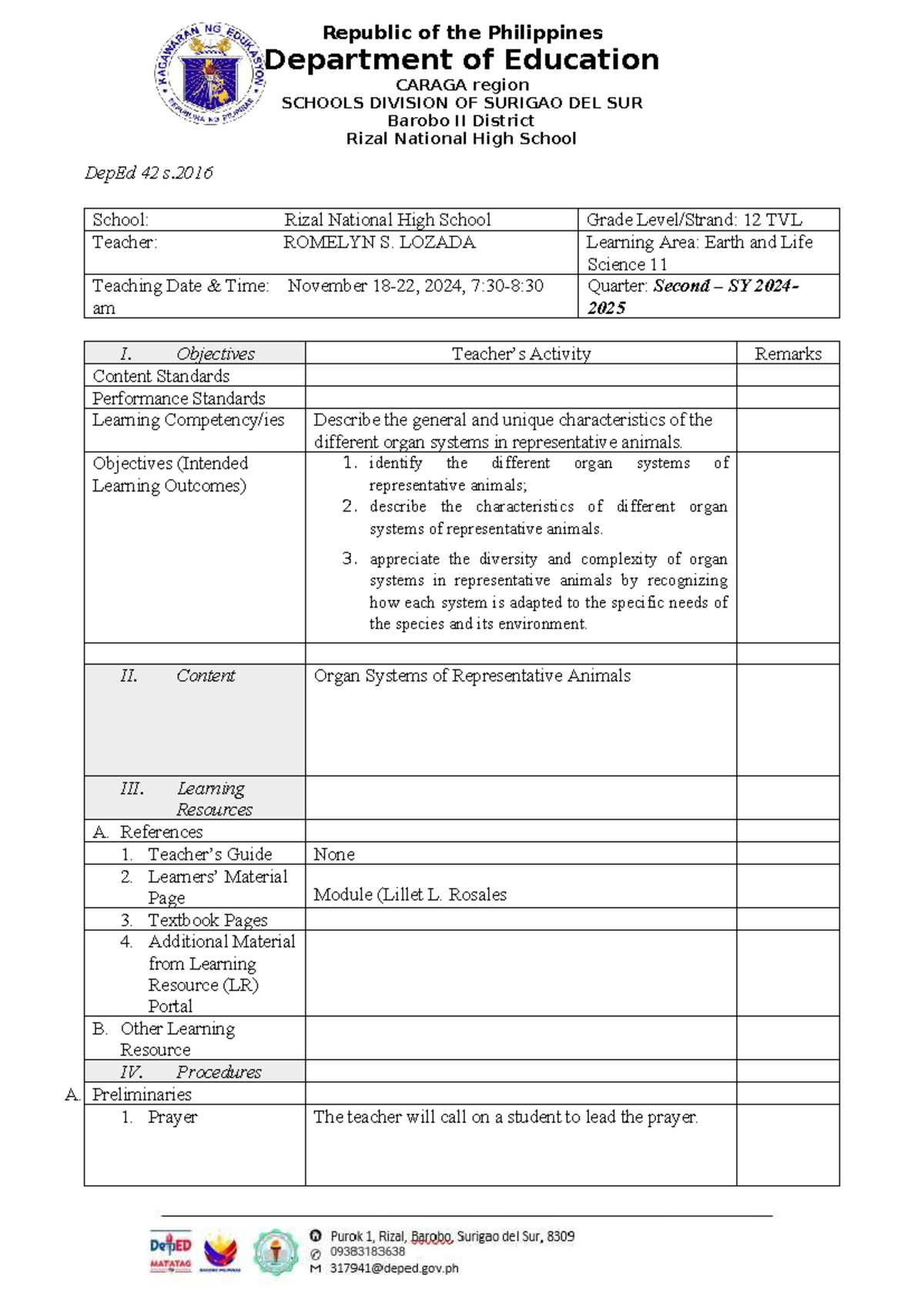Lesson Plan: Earth and Life Science (Grade 12 TVL) ELS NOV 18-22 - Studocu