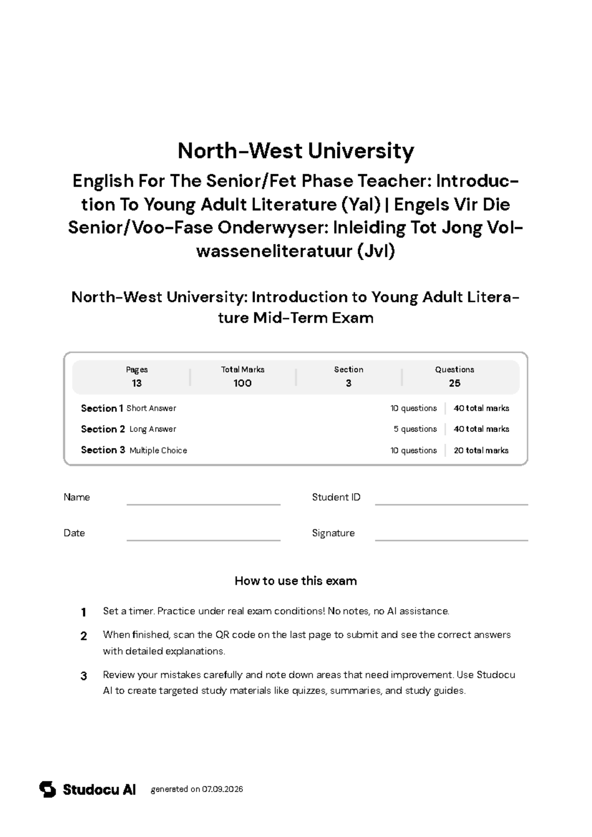 NWU: Introduction to Young Adult Literature Mid-Term Exam - Studocu