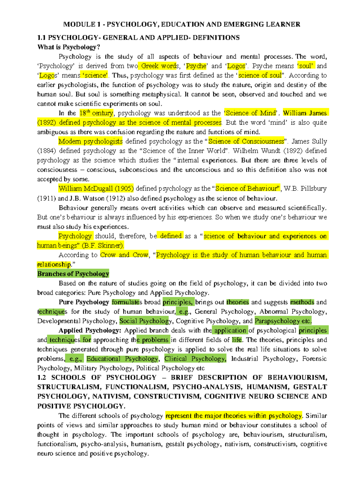Psychology new - MODULE 1 - PSYCHOLOGY, EDUCATION AND EMERGING LEARNER ...