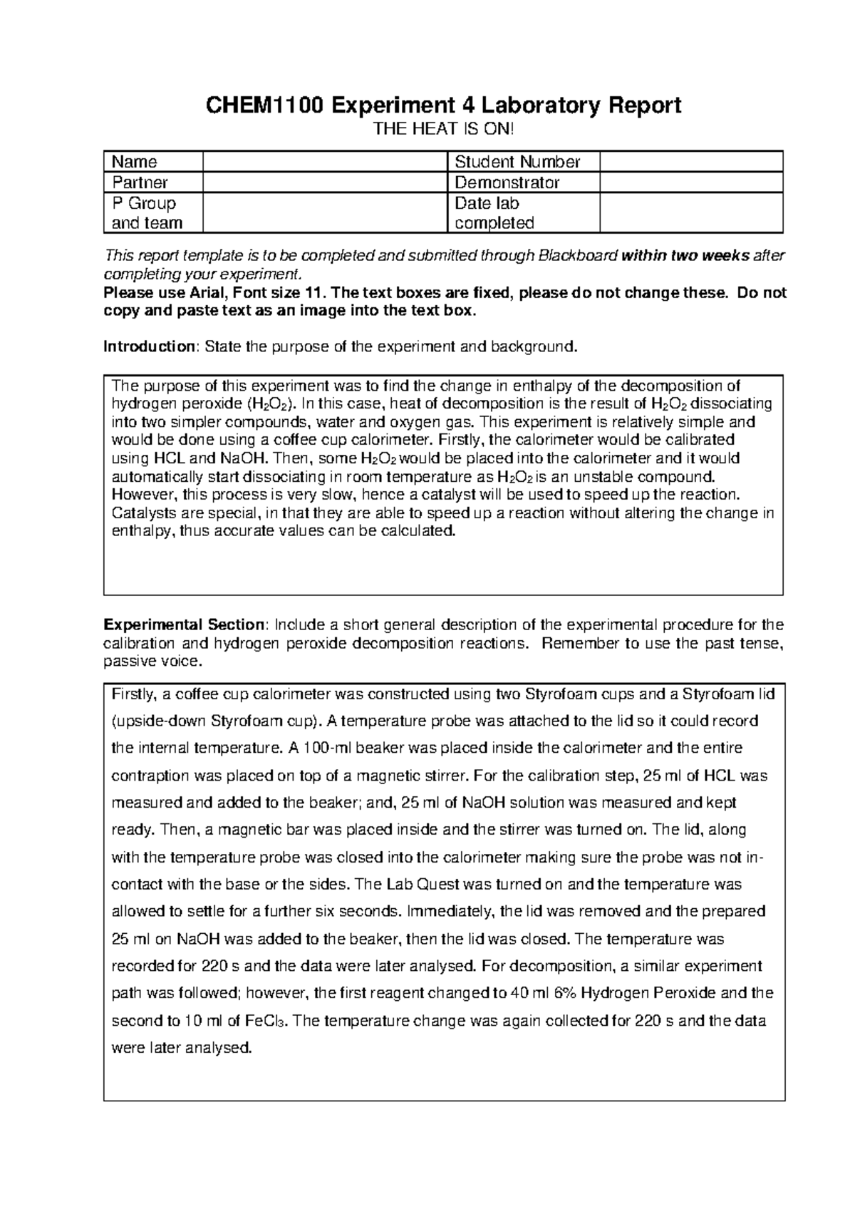CHEM1100 Experiment 4 Lab Report: Enthalpy of H2O2 Decomposition - Studocu
