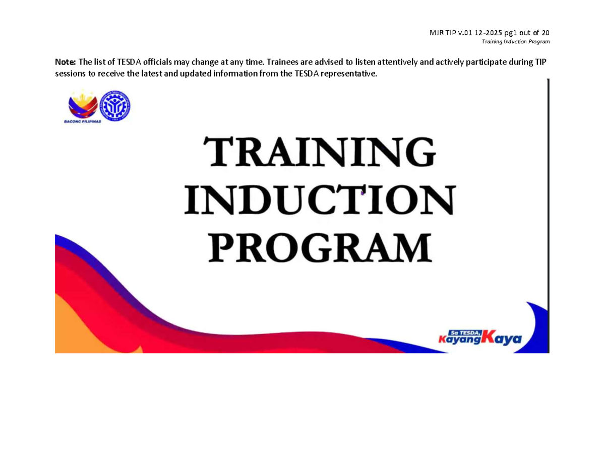 MJR TIP v.01: Updated Training Induction Program 2025 Notes - Studocu