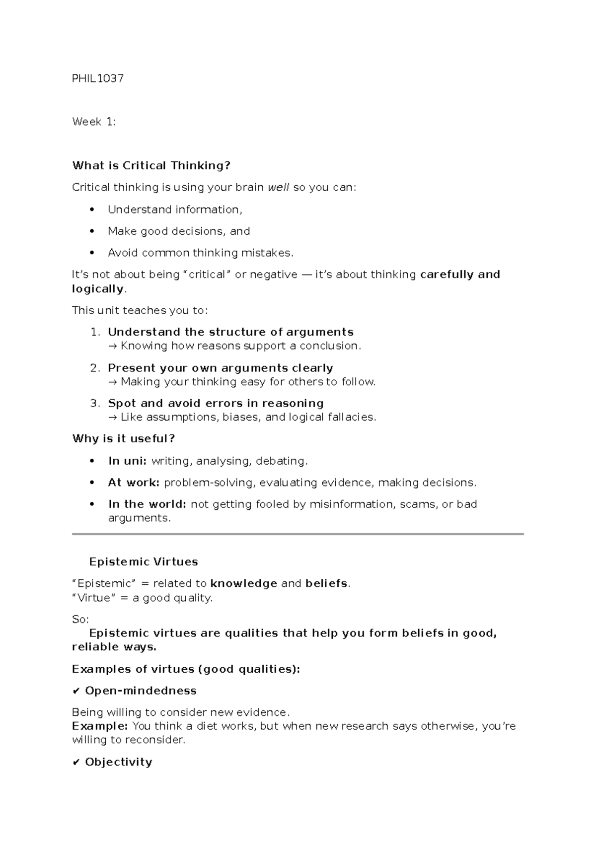 PHIL1037 Lecture Notes: Understanding Critical Thinking Concepts - Studocu