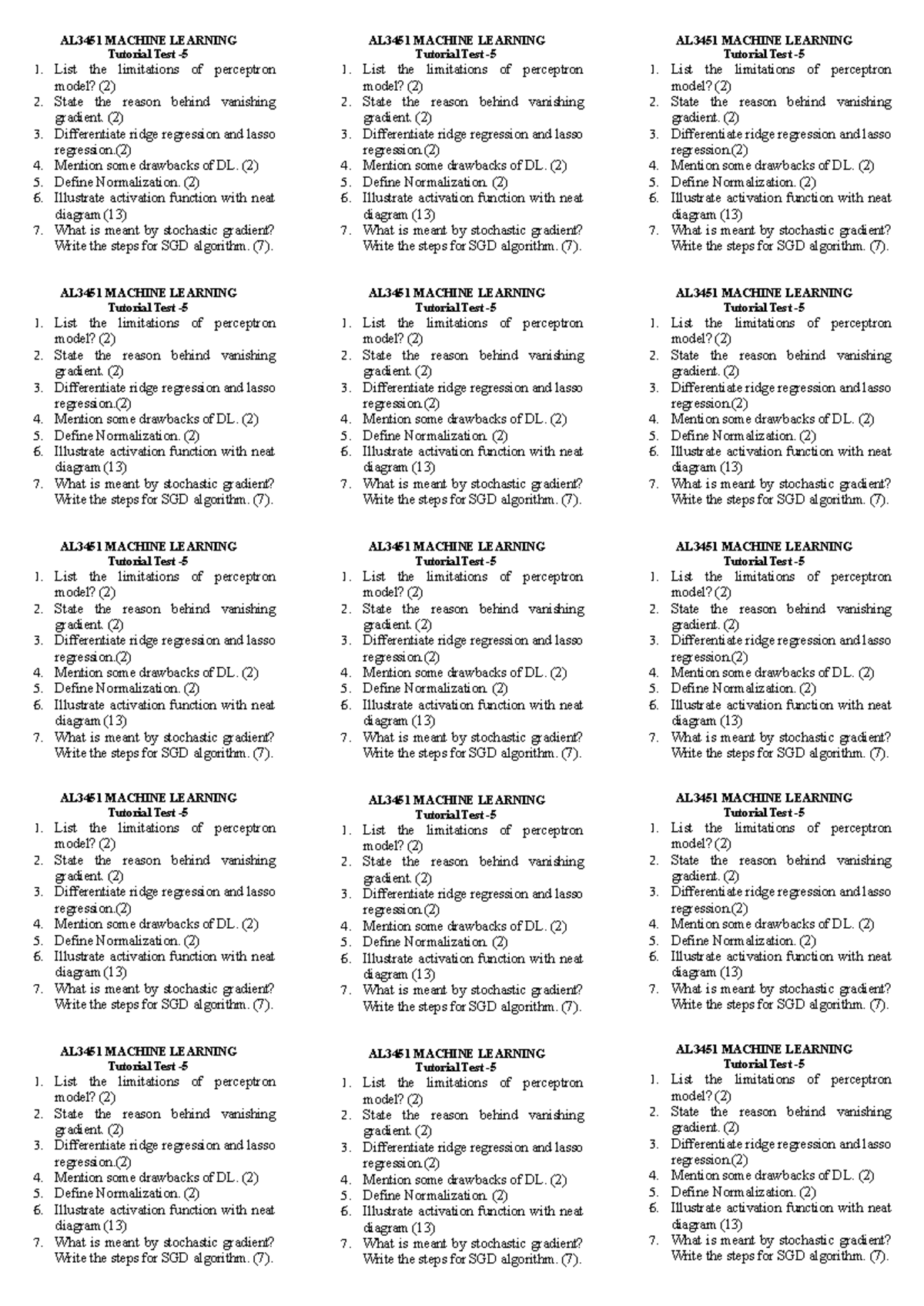 AL3451 MACHINE LEARNING Tutorial Test: Key Concepts & Questions - Studocu