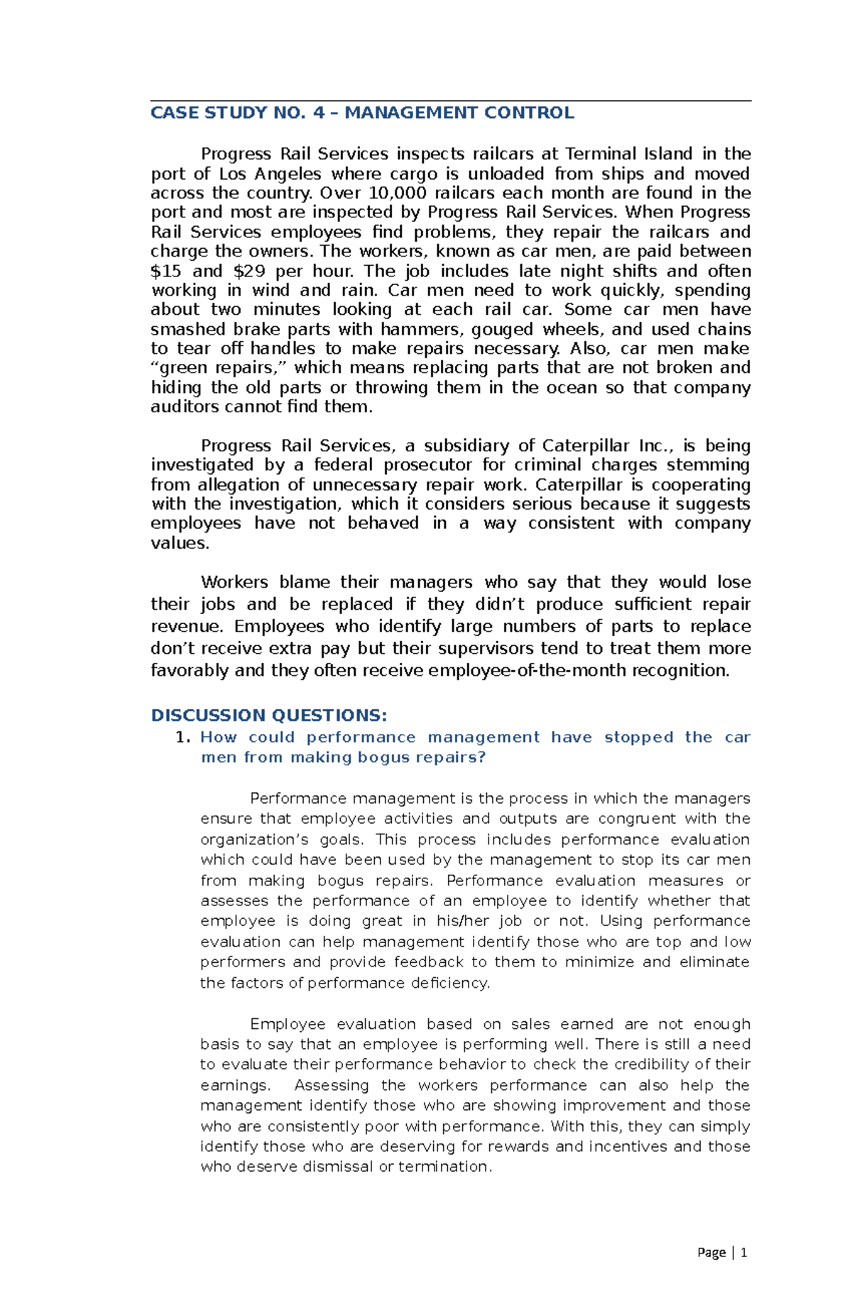 CASE Study 4 managment control - CASE STUDY NO. 4 – MANAGEMENT CONTROL ...