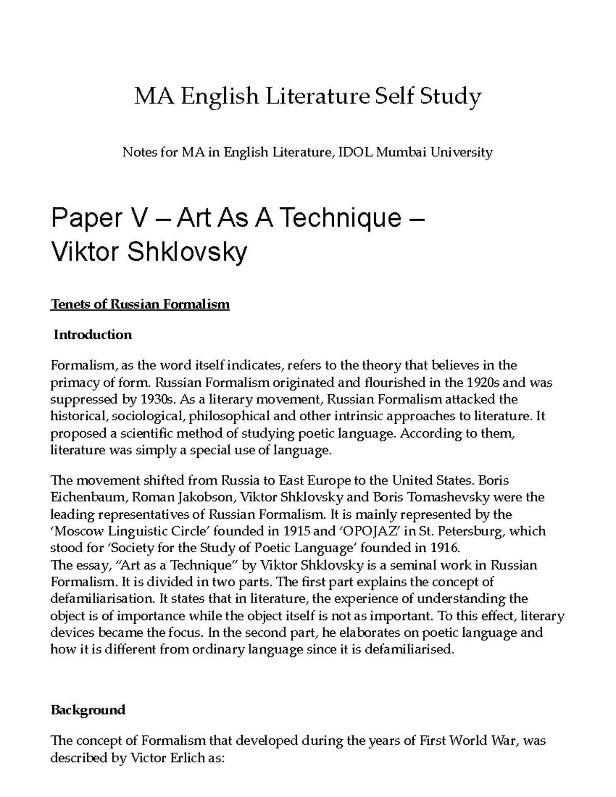 MA English Literature Paper V: Art as a Technique by Viktor Shklovsky ...
