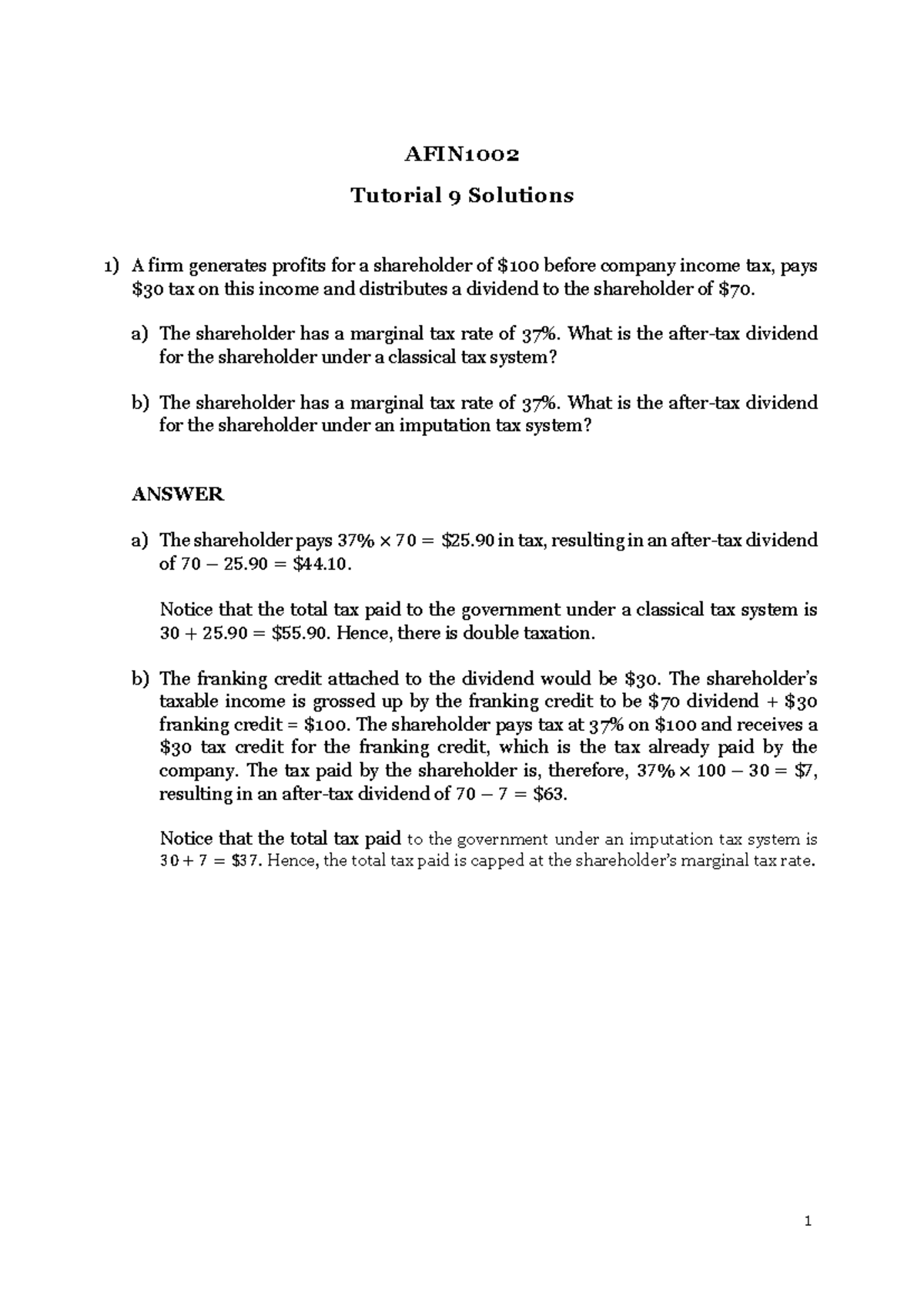 AFIN1002 Tutorial 9 Week 10 Solutions on Corporate Tax and Dividends ...