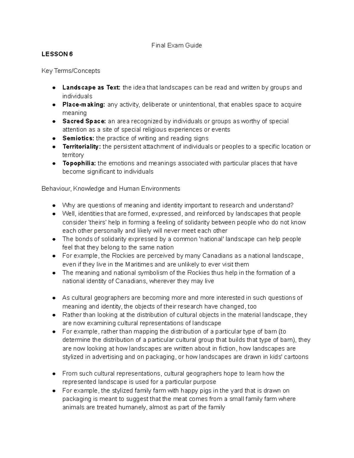 Final Exam Guide: Lecture Notes for Human Geography (HUM 301) - Studocu