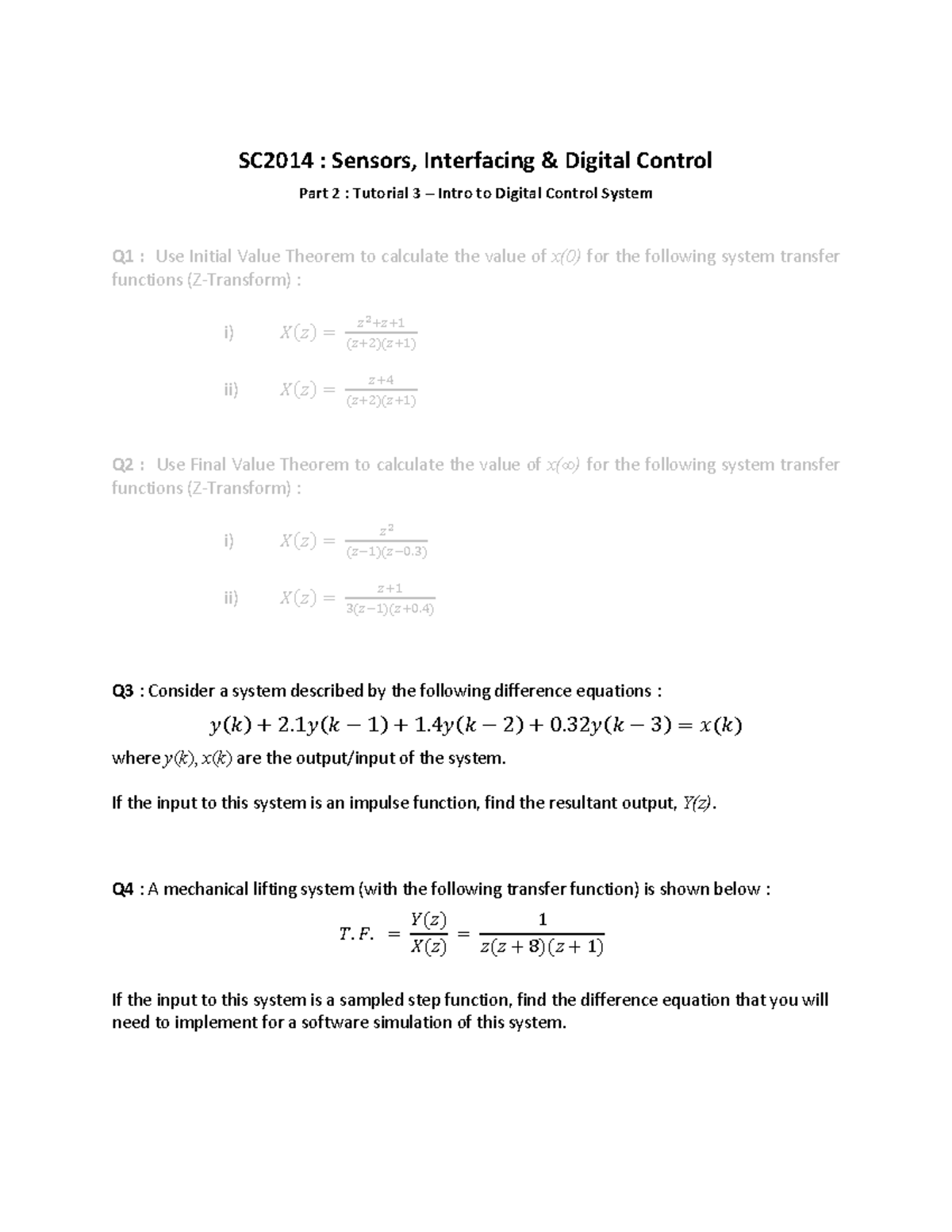 SC2014: Sensors & Digital Control - Tutorial 3 Solutions - Studocu