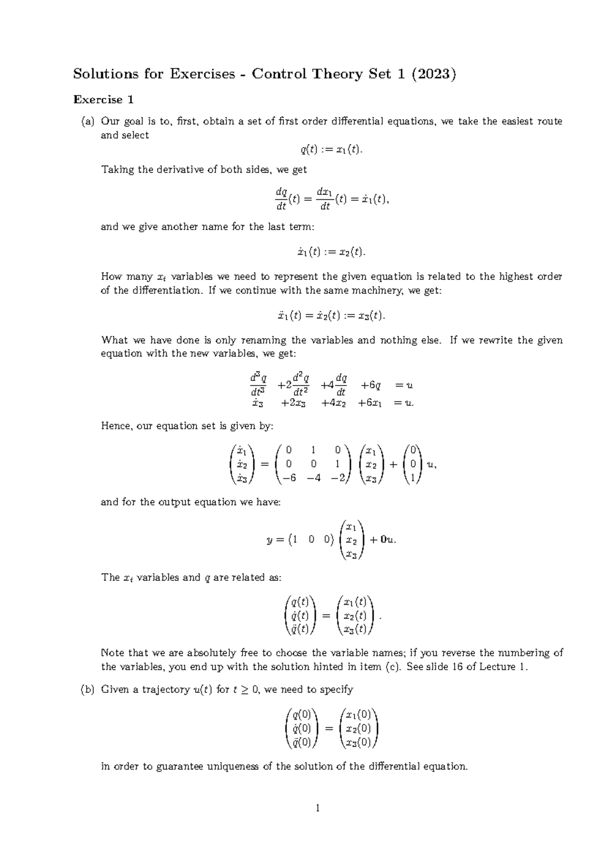 Solutions for Control Theory Exercises Set 1 (2023) - Studeersnel