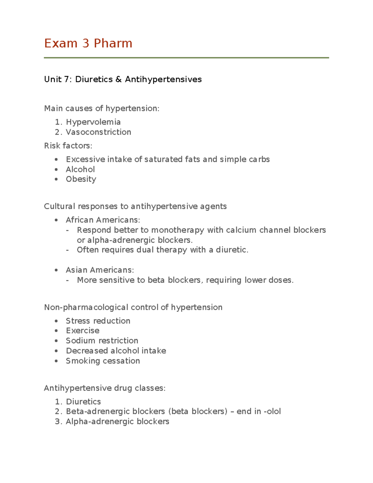 Exam 3 Pharm Study Guide: Diuretics & Antihypertensives Overview - Studocu