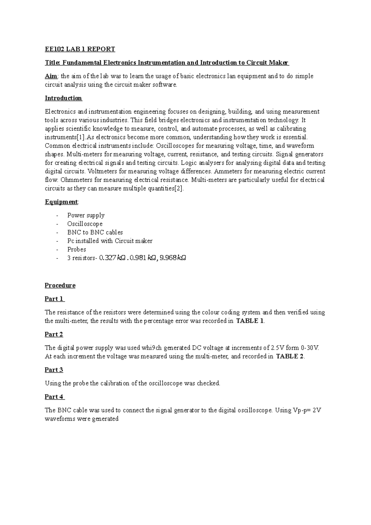 EE102 LAB 1 Report: Fundamentals of Electronics & Circuit Analysis ...