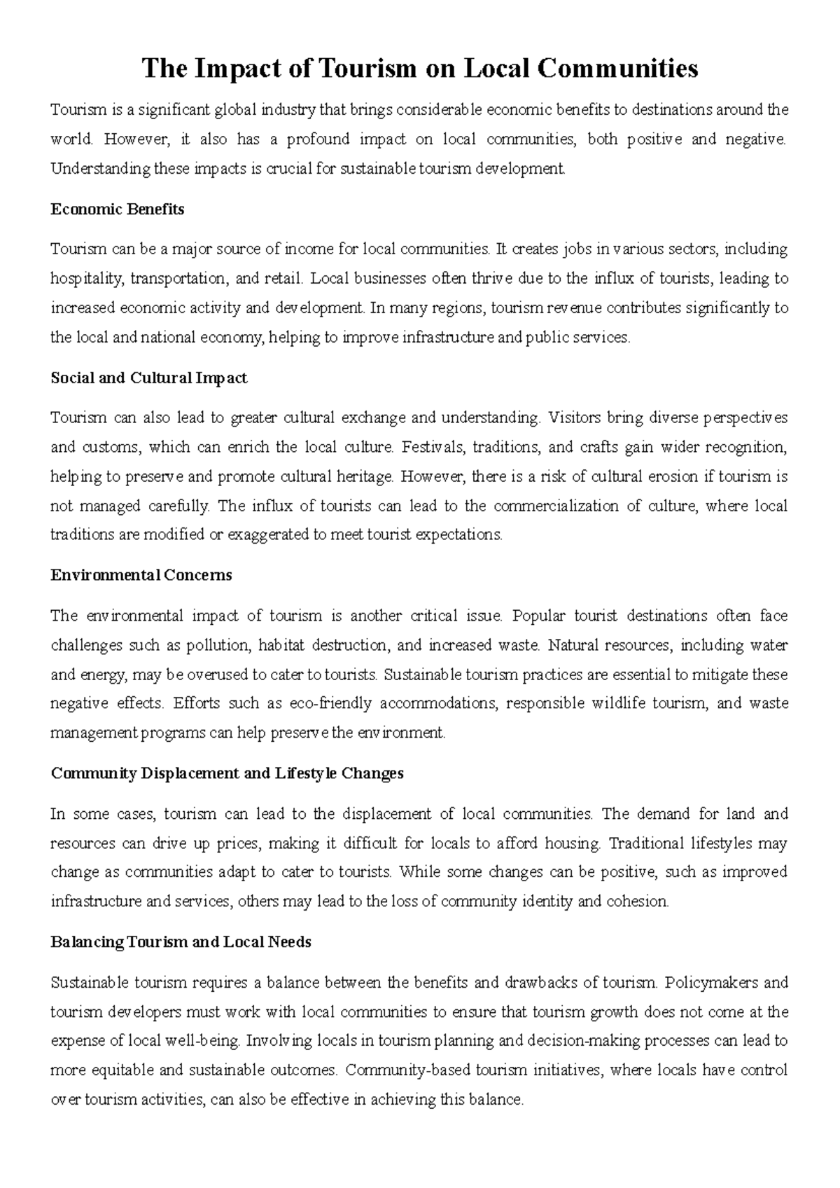 The Impact of Tourism on Local Communities: Economic, Social, and ...