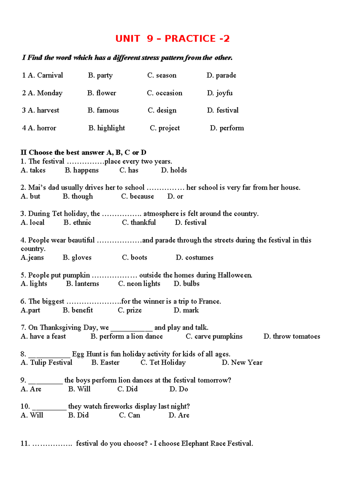 UNIT 9 - Practice 2ggggg - UNIT 9 – PRACTICE - I Find the word which ...